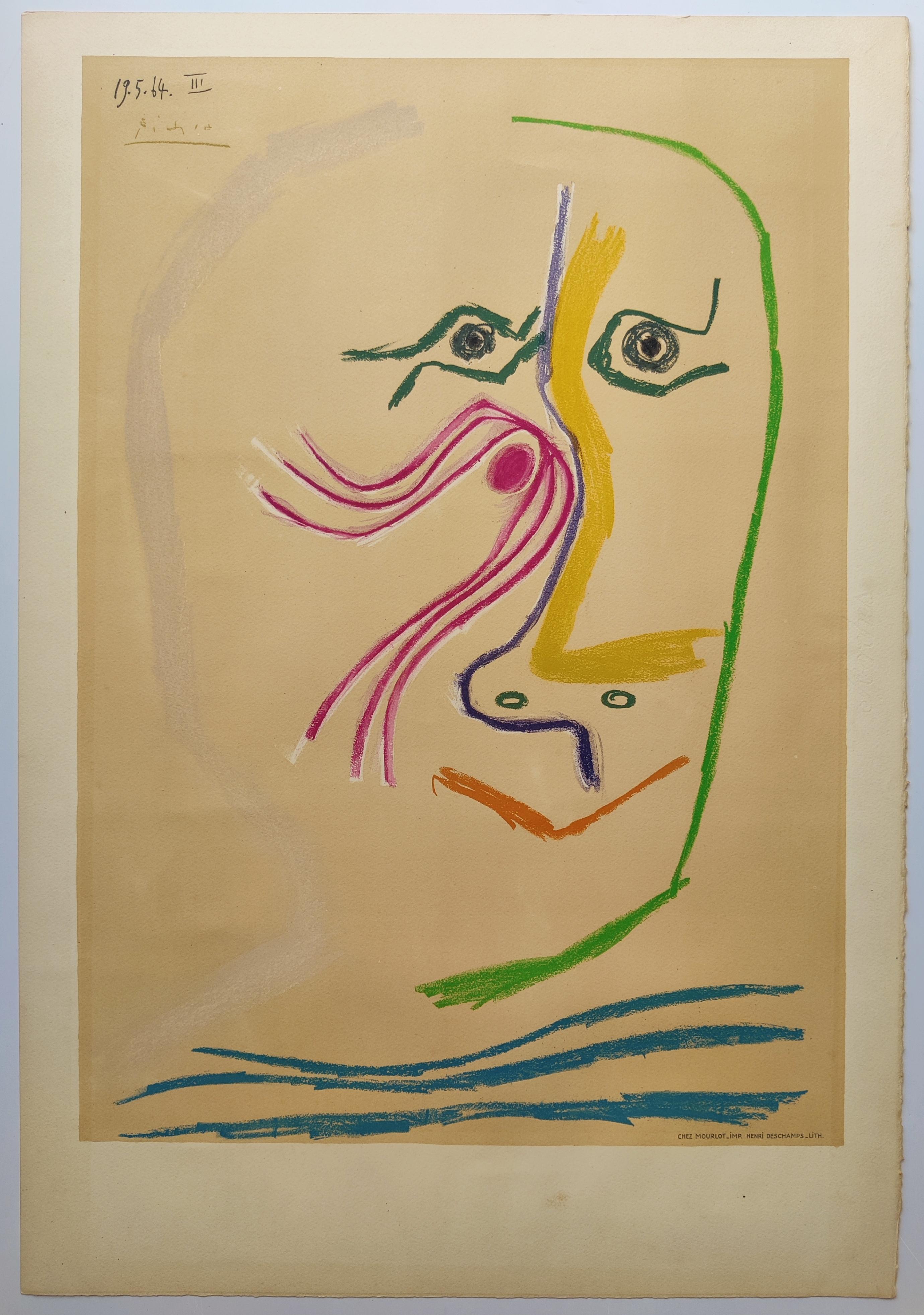 Pablo Picasso
Hommage an René Char, 1969
Farblithografie auf Arches-Waffelpapier  von Henri Deschamps, Paris
In der Platte signiert 
Bildgröße: 63,6 x 44,7 cm
Blattgröße: 75,7 x 52 cm
Gedruckt bei Mourlot, Paris
Herausgegeben vom Musée Municipal