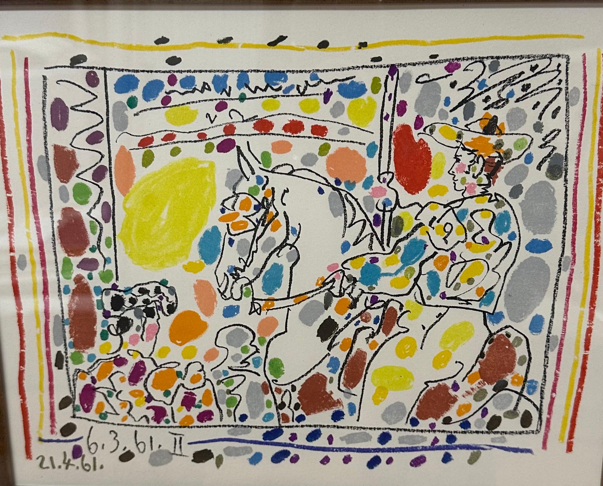 Pablo Picasso 
Le Picador II de A Los Toros Avec Picasso
Lithographie en 24 couleurs sur papier vélin
1961
Taille de l'image : 8 x 10 pouces
Taille du cadre : 21 x 23 pouces
Daté dans la plaque
Référence : Bloch 1017, Mourlot 350
Publié par Andre