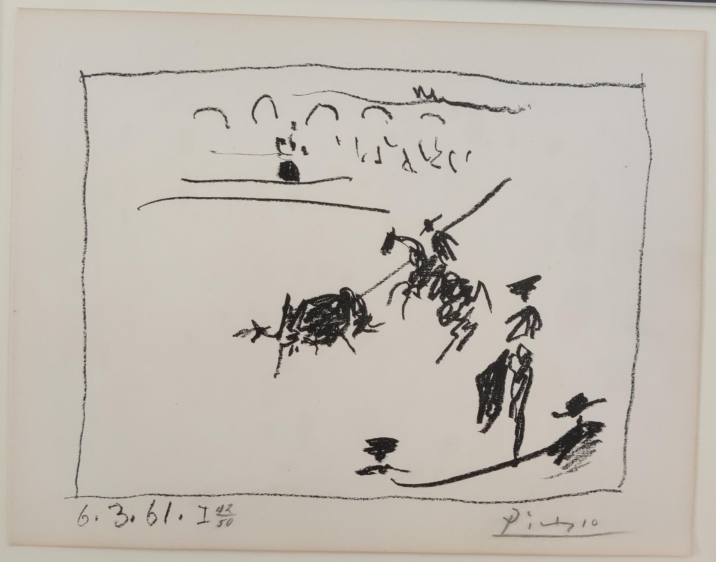 Pablo Picasso
La Pique, de "A los toros con Picasso", 1961
Litografía sobre papel Arches.
Firmado a mano abajo a la derecha
Numerado 42 / 50 abajo a la izquierda
Abajo a la izquierda en la huella fechada e inscrita: 6.3.61. I.
Tamaño de la hoja: 38