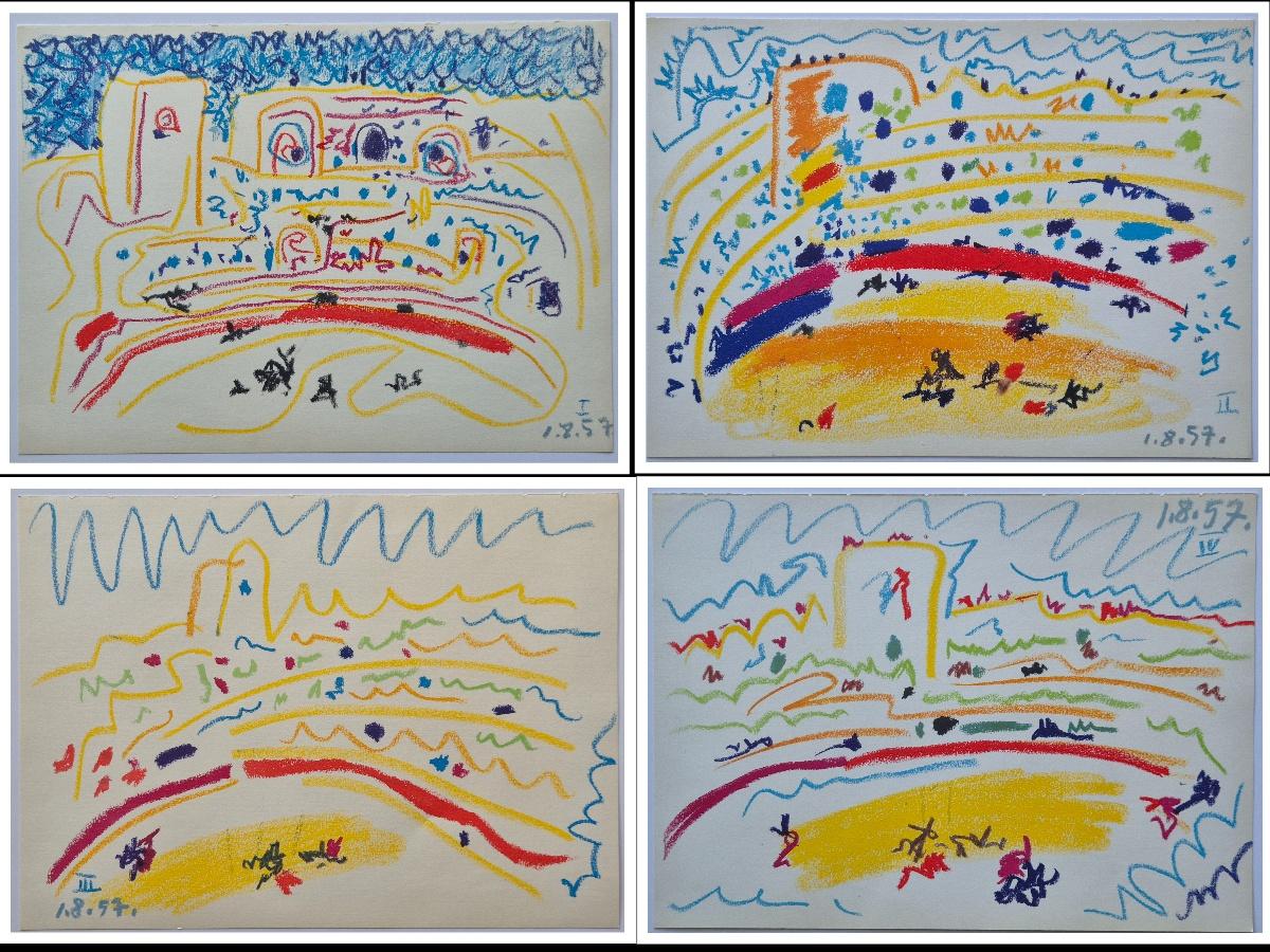 Pablo Picasso 
L'Arene d'Arles, de Toros Toreros, 1961
Un conjunto de 4 litografías
Cada una impresa con fecha 1.8.57 y numeradas I, II, III y IV
Cada tamaño de hoja 37  x 27 cm
Viene con COA