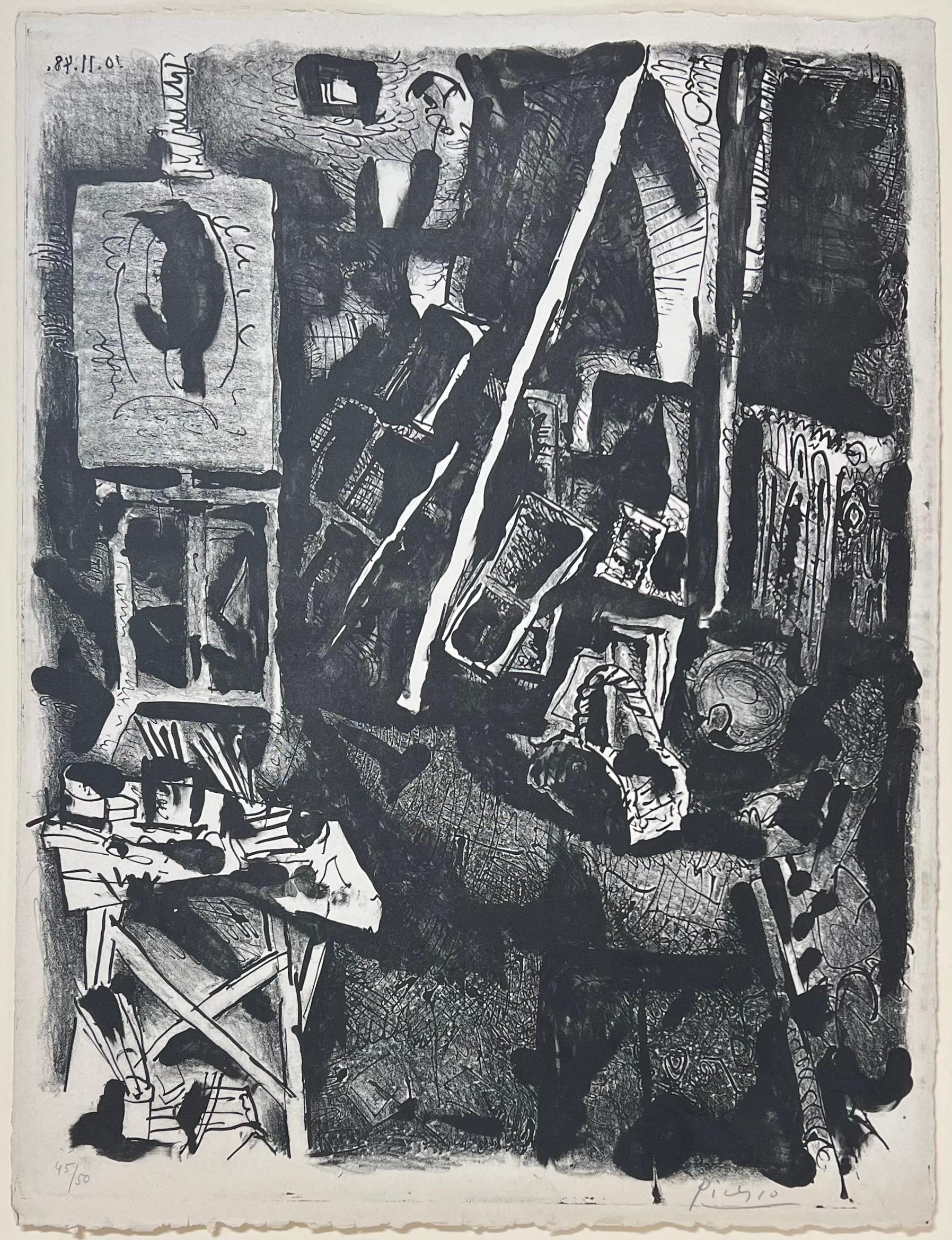 Pablo Picasso
L'Atelier (Das Atelier), 1948
Lithographie
Vom Künstler handsigniert und nummeriert 45/50 aus einer Auflage von 50 Stück.
Maße: 25,5 x 19,5 Zoll
Im Katalog des Künstlers "Picasso Lithographe II" von Fernand Mourlot wird dieses Werk