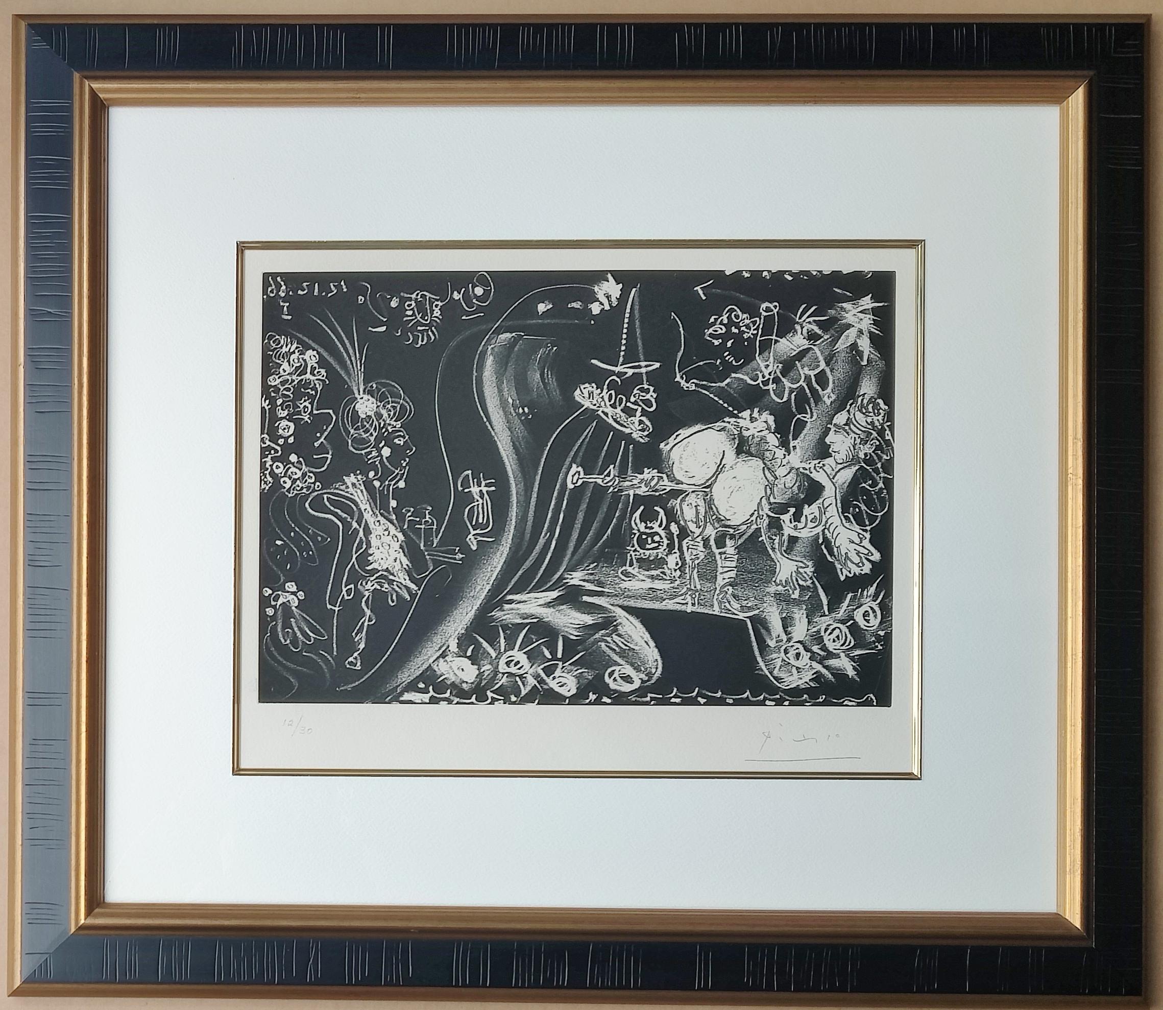 Pablo Picasso
Untitled from Le Cocu Magnifique, 1966
Etching with aquatint
Hand signed lower right
Numbered 12 / 30
mage size: 22.5 × 32.5 cm
Frame size:  50.5 x 58 x 2 cm
Published by Crommelynck, Paris

Reference Bloch 1249,  Baer 1437

 There was