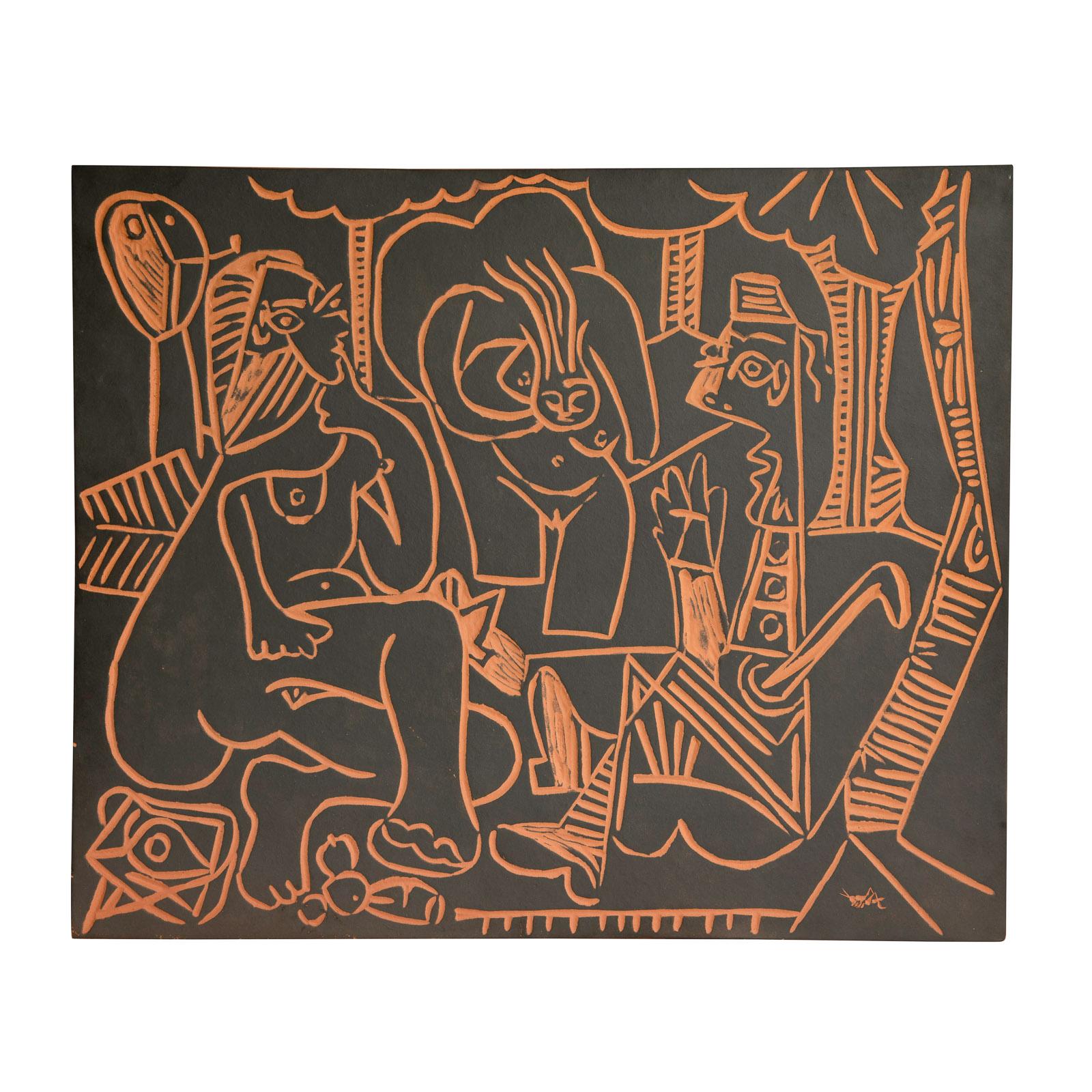 PABLO PICASSO (1881-1973) 
Le déjeuner sur l'herbe (A. R. 517) 

Terre de faïence tile, 1964, proof aside from the edition of 50, partially painted, with the Empreinte Originale de Picasso and Madoura stamps.