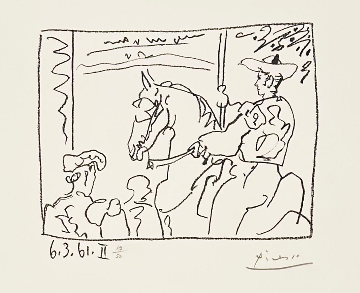 Artist: Pablo Picasso
Title: Le Picador 
Medium: Lithograph
Date: 1961
Edition: 19/50
Signature: Hand signed in pencil
Frame Size: 22 3/4" x 24 3/4"
Sheet Size: 14 7/8" x 20"
Image Size: 7" x 9"
Reference: Bloch 1013