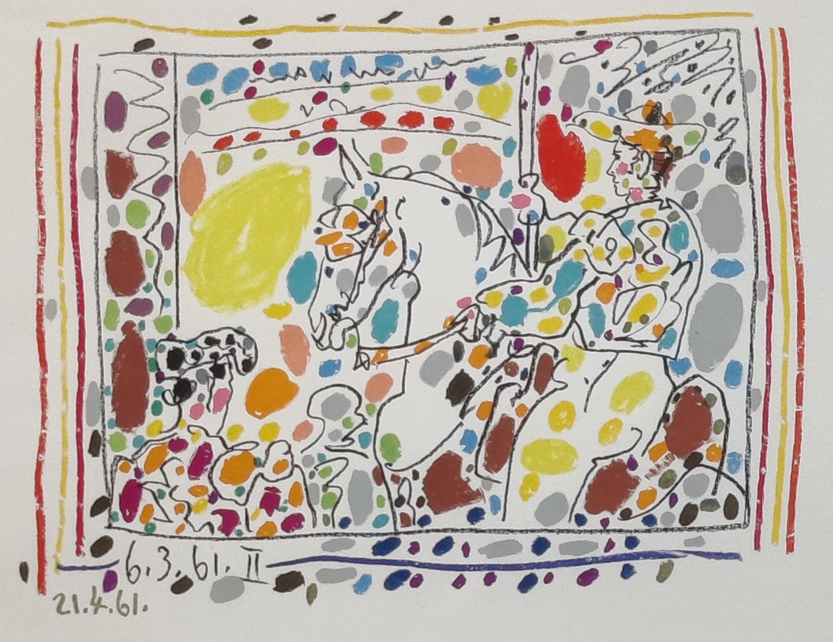 Pablo Picasso
Le Picador (II), 1961
Portfolio : A Los Toros Avec Picasso
Support : Lithographie par transfert
Taille de la feuille : 9 1/2" x 12 1/2"
Taille de l'image : 20 x 25,5 cm
Taille du cadre : 54 x 62 x 5cm
Plaque signée
Imprimé par Mourlot