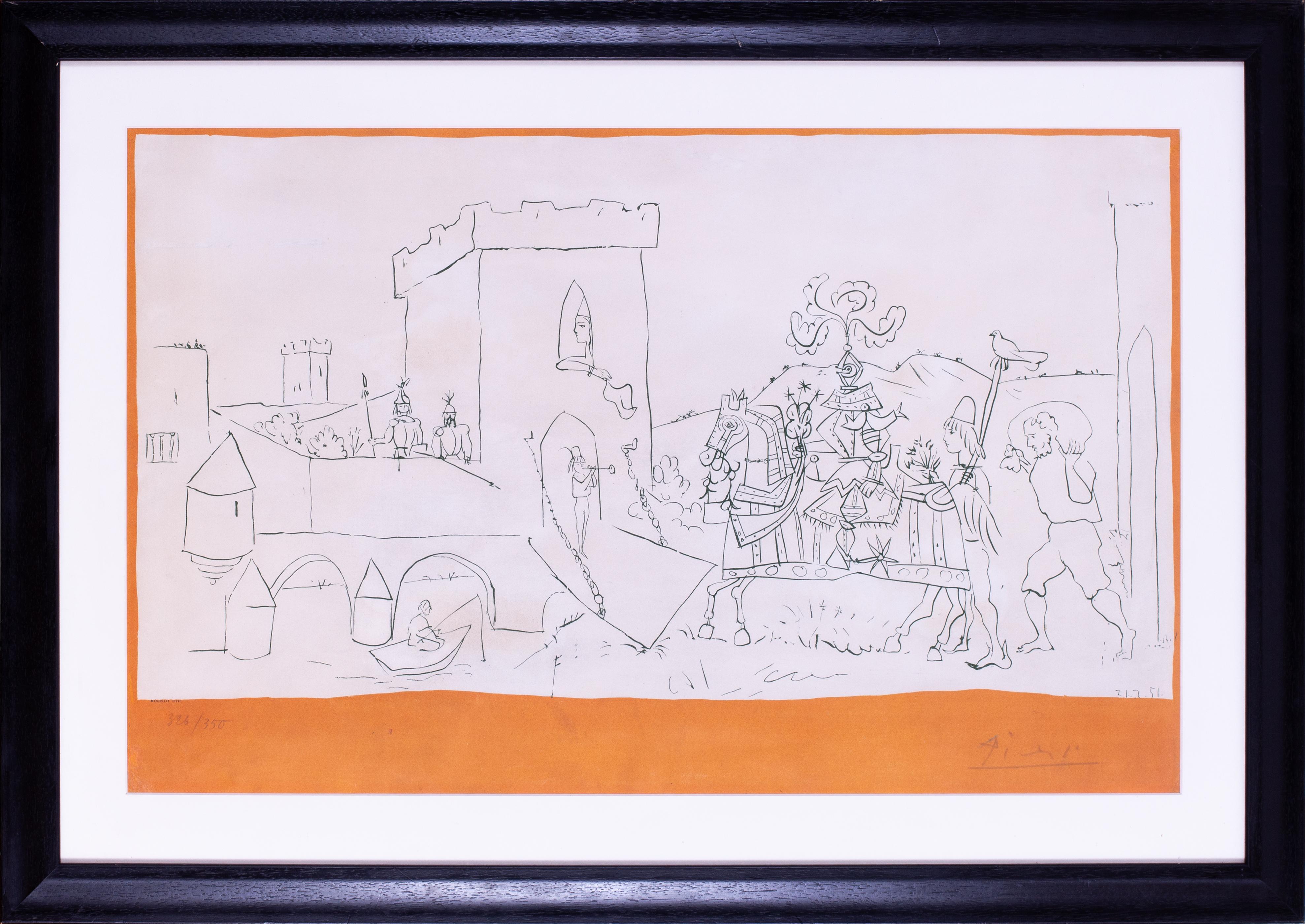 Pablo Picasso (Spanish, 1881–1973)
L’Arrivée du Chevalier, 1951
Lithograph, full sheet printed to the edges
Signed in pencil lower right ‘Picasso’ and numbered lower left ‘326/350’
18¼ × 29¼ in. (46.5 × 74 cm)
Printed by Mourlot, Paris
One of the