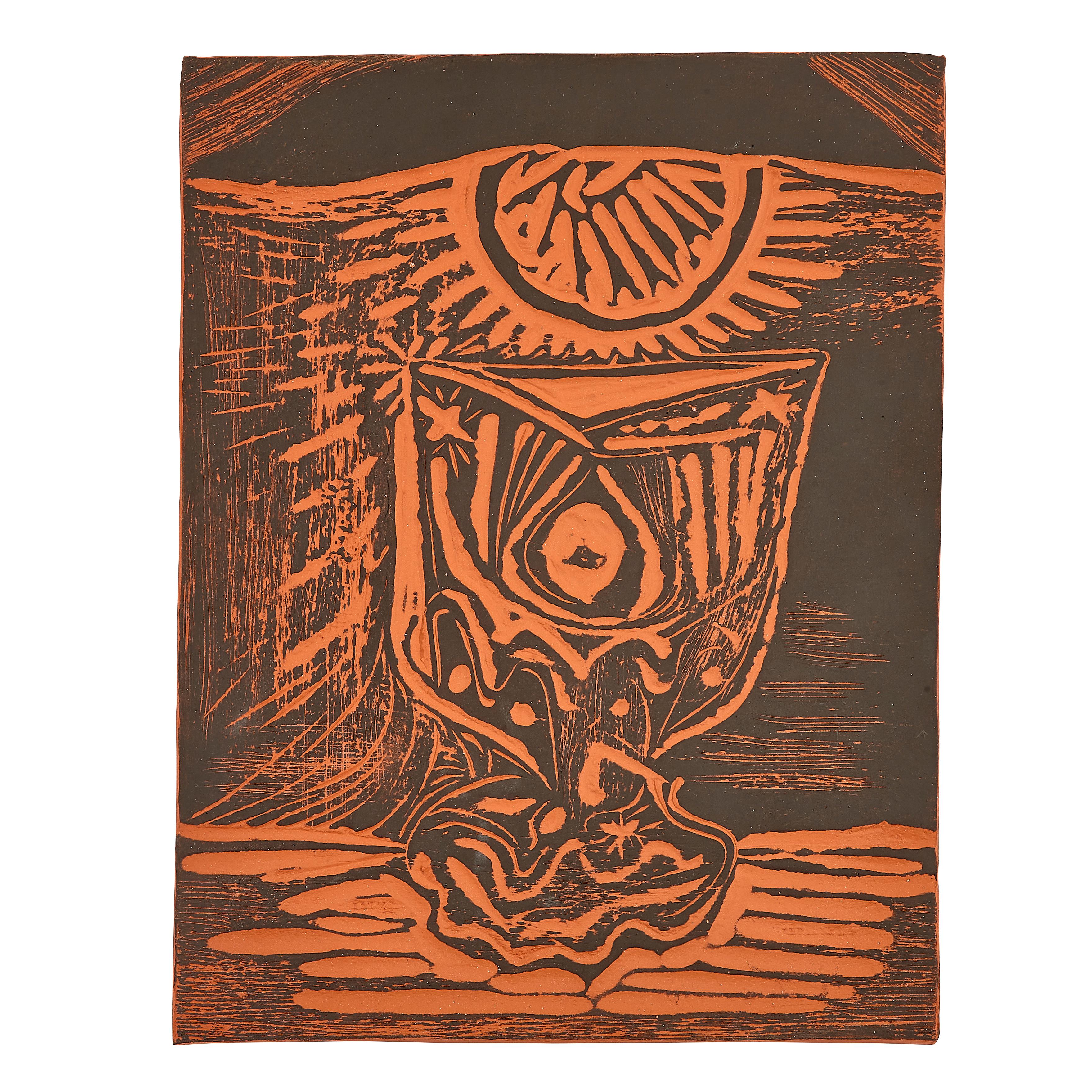 PABLO PICASSO (1881-1973) 
Le Verre Sous La Lampe (A. R. 519) 

Plaque Terre de faïence, 1964, numérotée 17/100, partiellement peinte, avec les cachets Empreinte Originale de Picasso et Madoura.