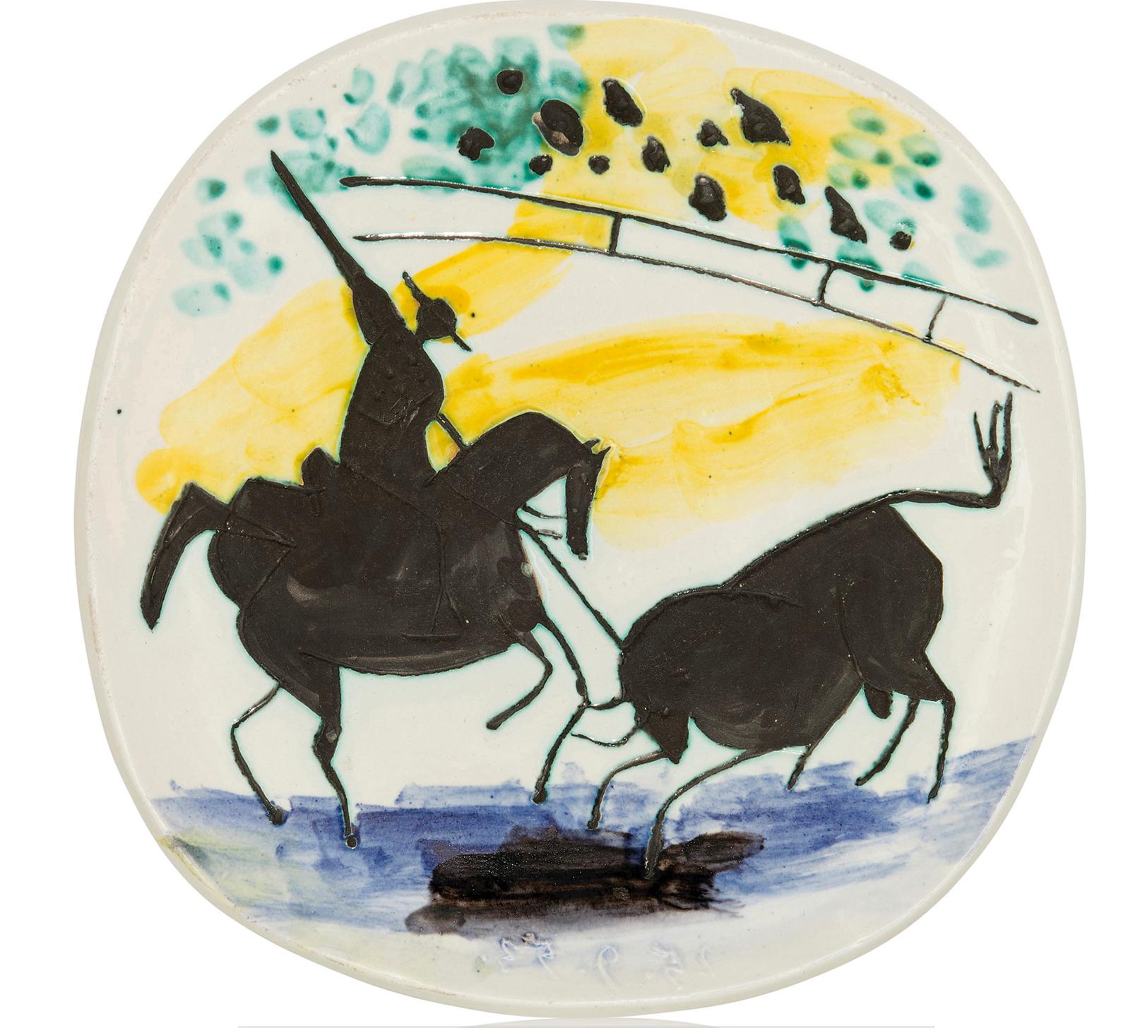 This Picasso ceramic plate "Picador et taureau Ramié 197" is one in an edition of 200 and is made of white earthenware clay, and decorated with colored engobes and glaze. 

Please contact us with any questions.
