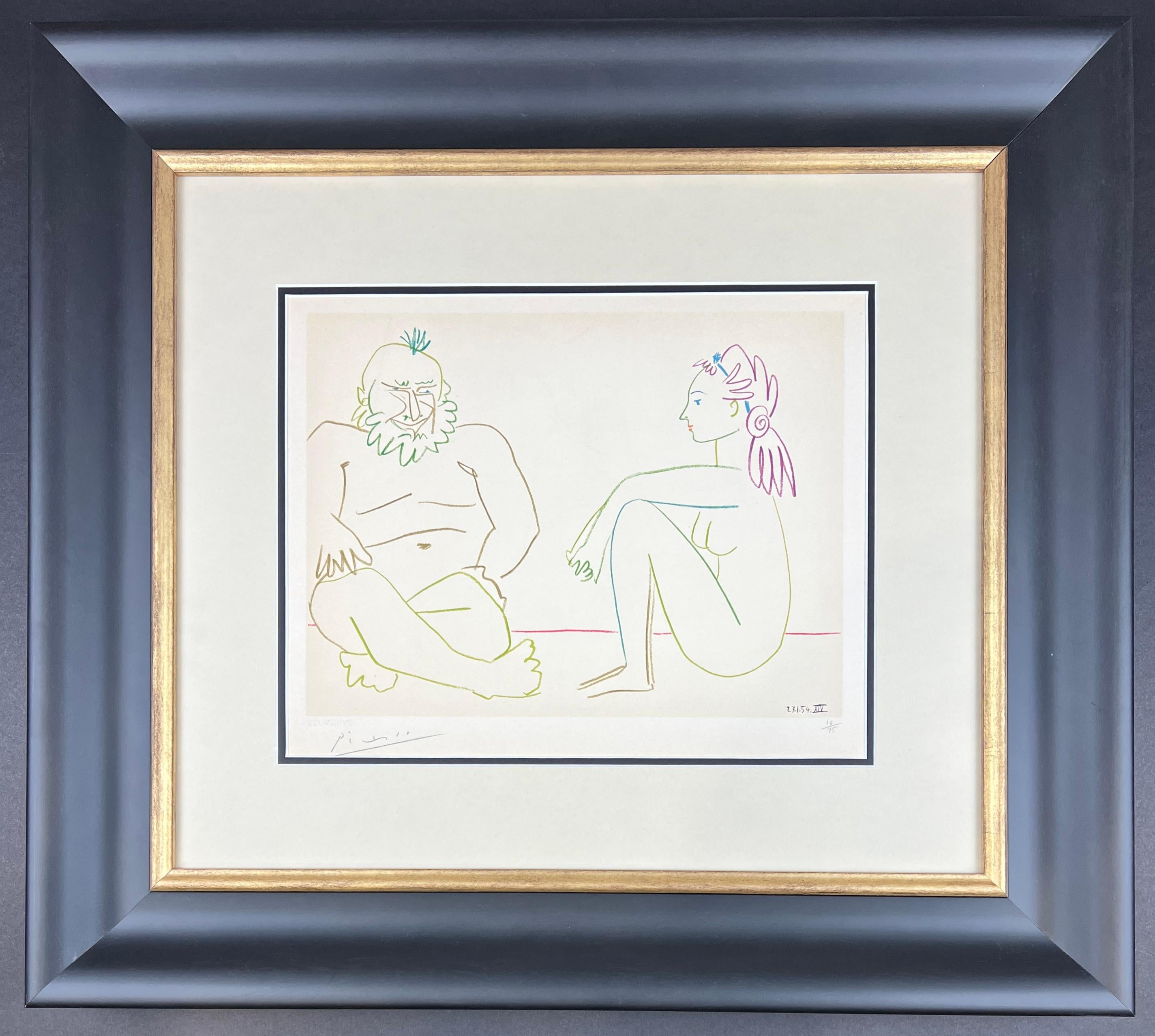 Pablo Picasso – Man and Woman Sitting – hand-signed Color Lithograph - 1954 1