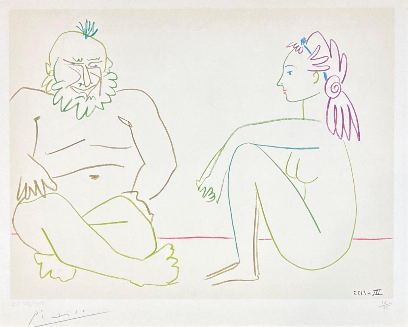 Pablo Picasso – Man and Woman Sitting – hand-signed Color Lithograph - 1954 2