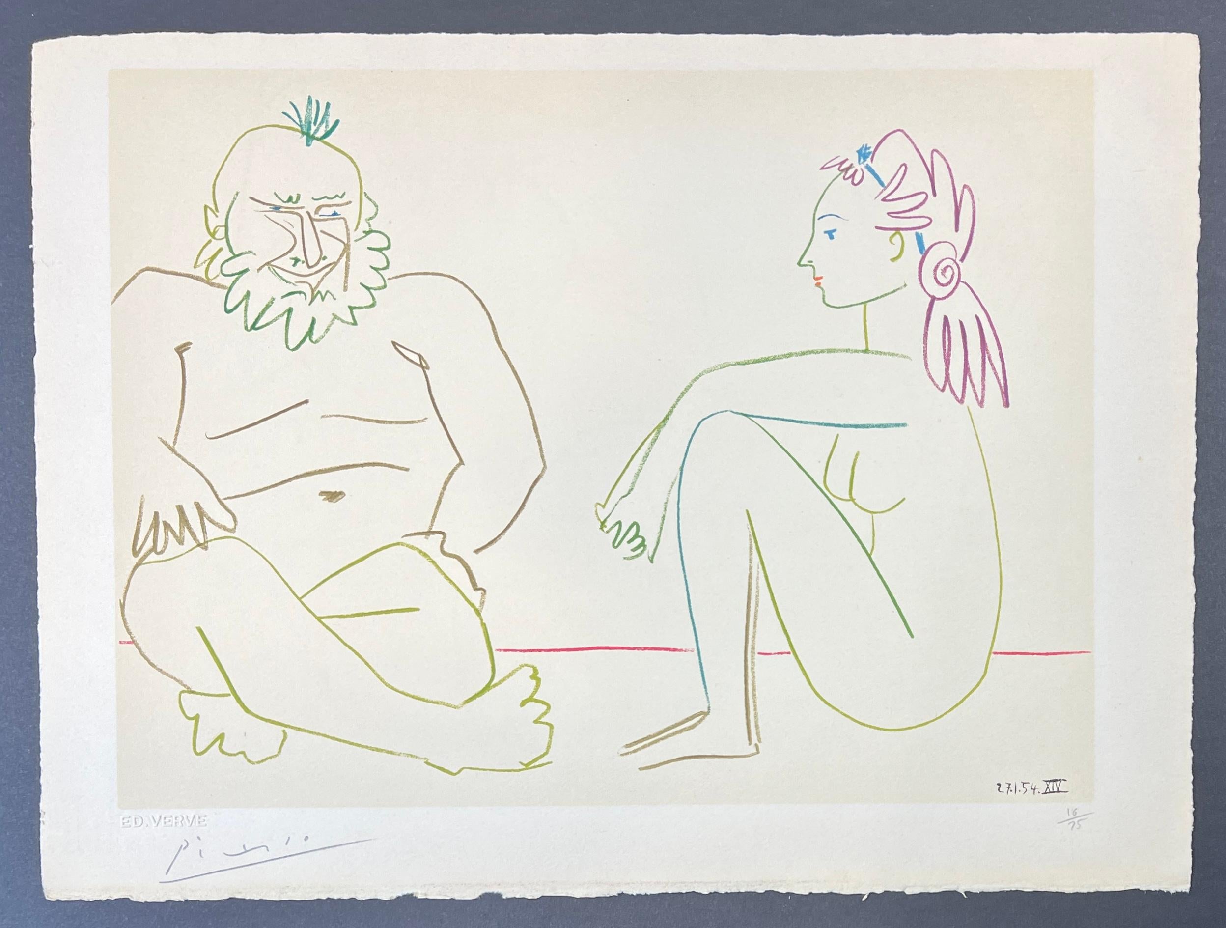 Pablo Picasso – Man and Woman Sitting – hand-signed Color Lithograph - 1954 8