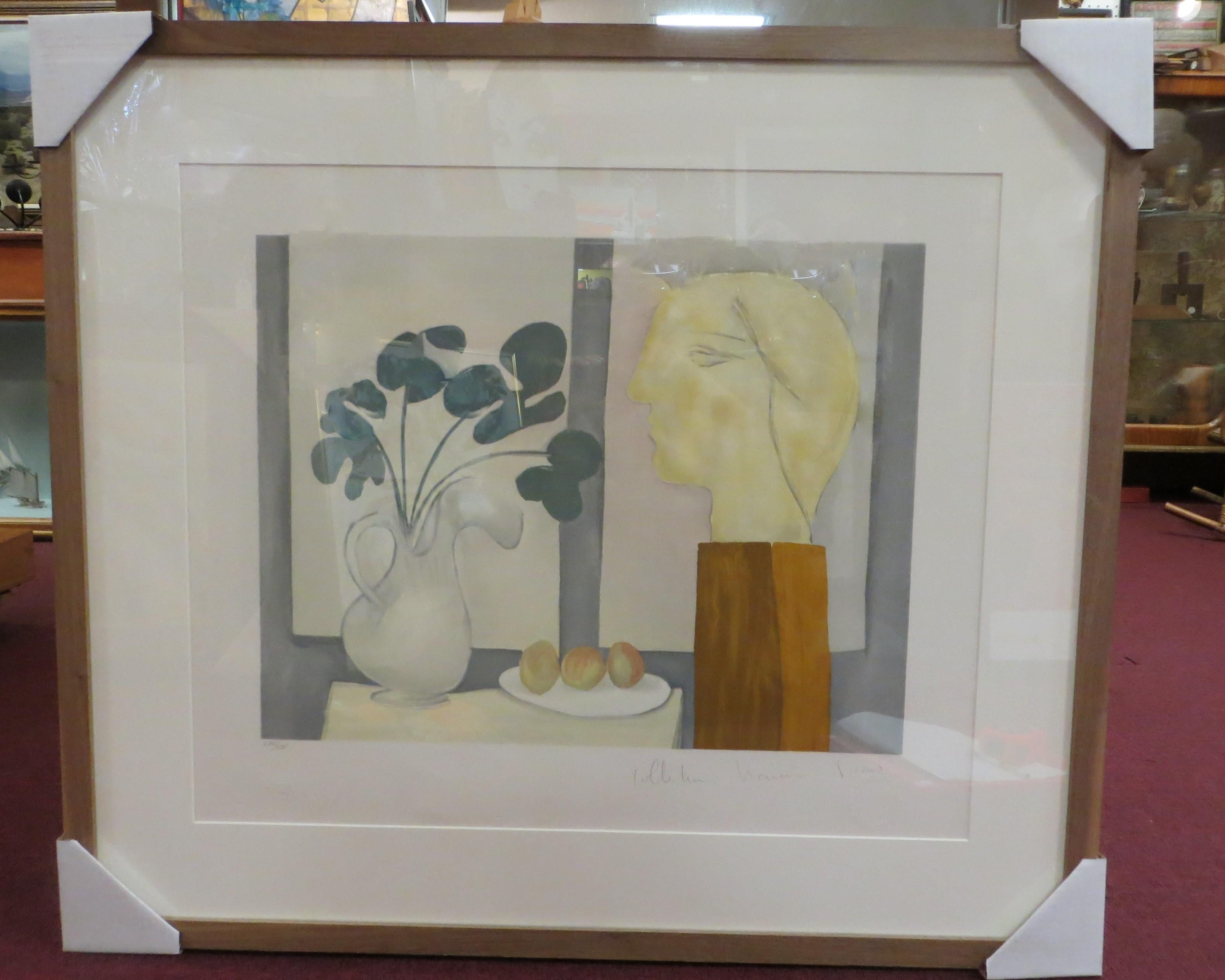 Set against two symmetrical white rectangles on the wall, Pablo Picasso's depiction of a vase filled with stems, a plate of fruit, and a white sculpture of a head is comprised of soft colors and minimal lines. Estate of Picasso, (Marina Picasso)