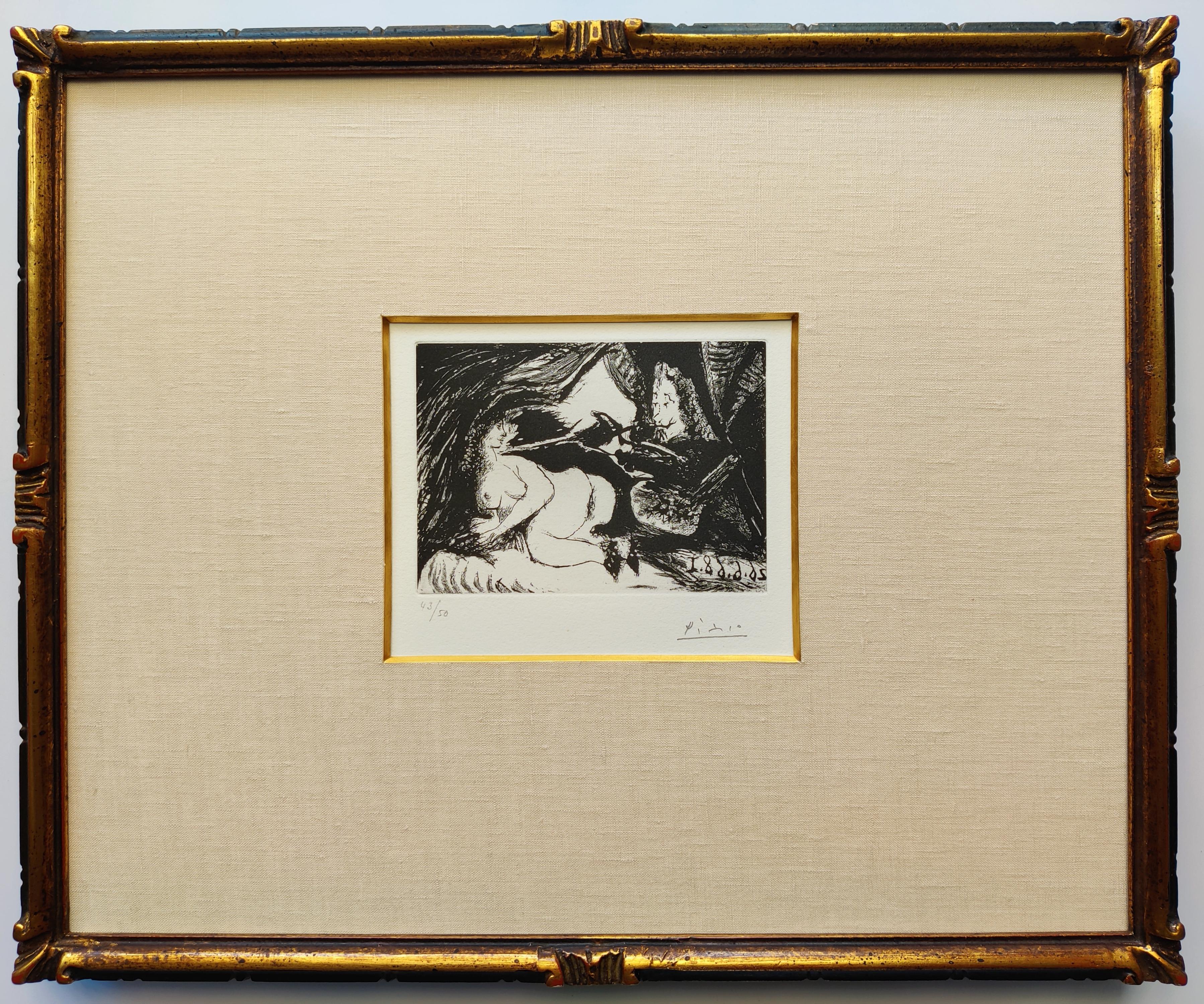 Pablo Picasso
Peintre peignant la nuque de son jeune modele, 1968
From La Serie 347
Aquatint with sugar lift on vélin de Rives paper
Edition 43/50
Hanf signed low right
Image Size  12 x 9 cm
Sheet Size  32.5 x 25 cm
Frame Size  40 x 33 x 2
