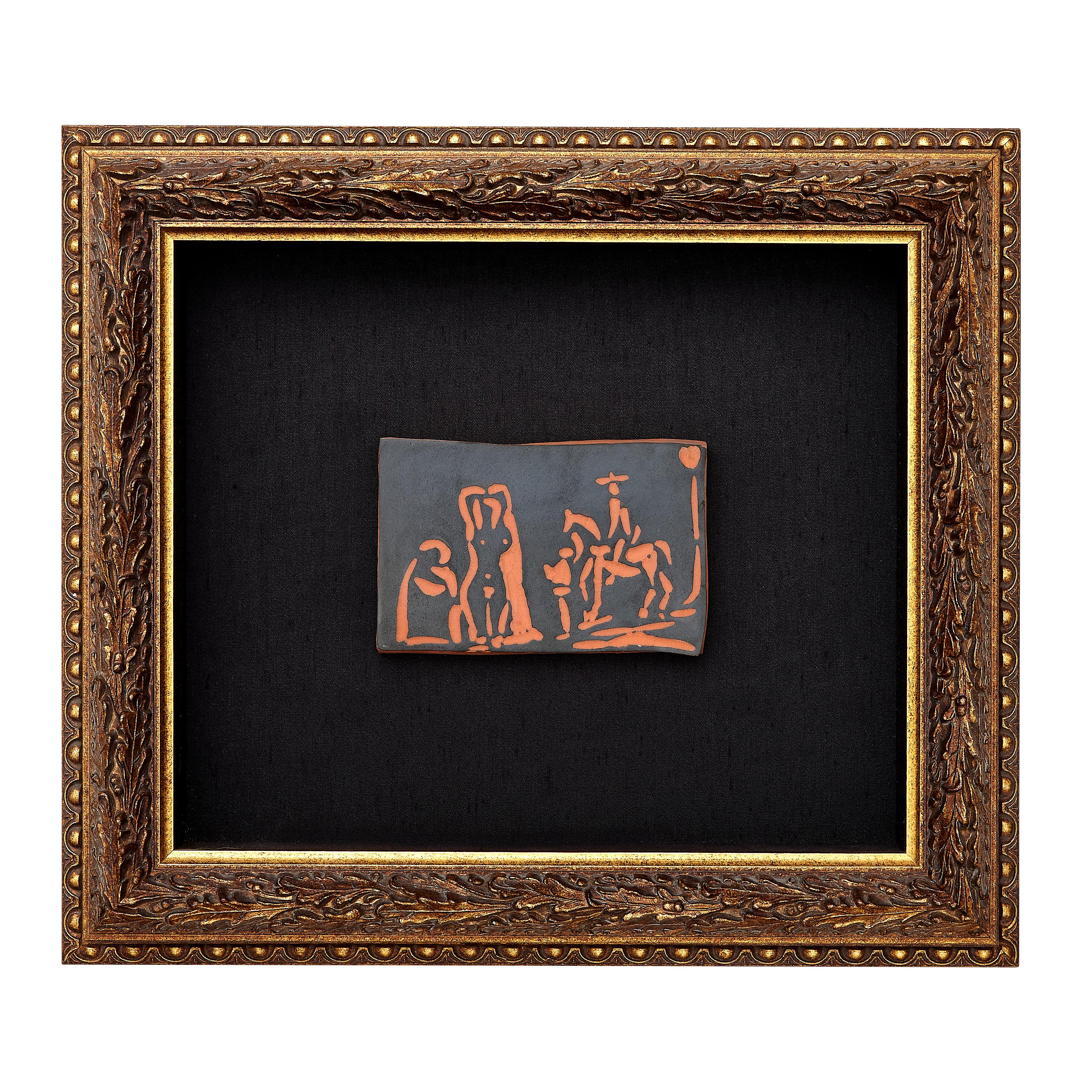 PABLO PICASSO (1881-1973) 
Personnages et cavalier' (A. R. 540) 

Terre de faïence plaque, 1968, numbered 178/500, with the workshop numbering, partially painted, with the Empreinte Originale de Picasso and Madoura stamps.