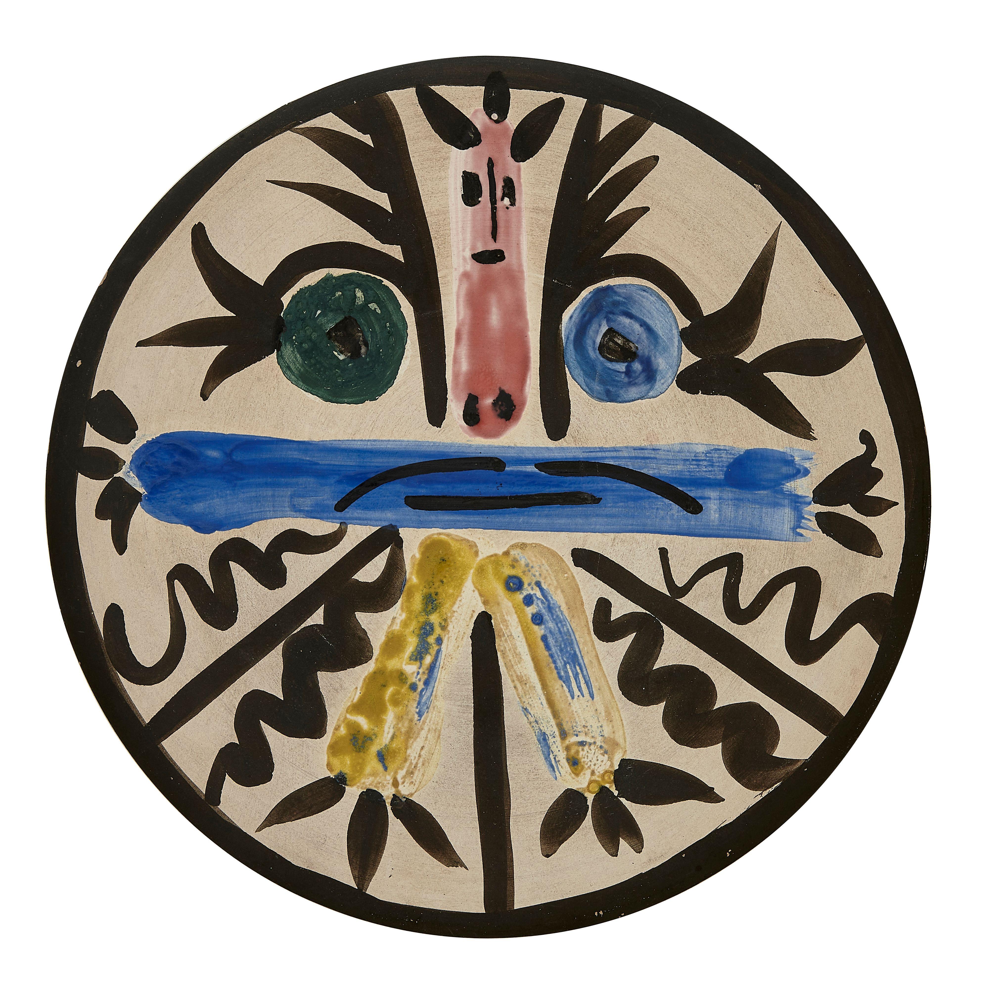 PABLO PICASSO (1881-1973) 
Personnages no. 28 (A. R. 463) 

Terre de faïence plate, painted in colors and partially glazed, 1963, numbered 134/150 and inscribed 'No 28', 'Edition Picasso' and 'Madoura'.