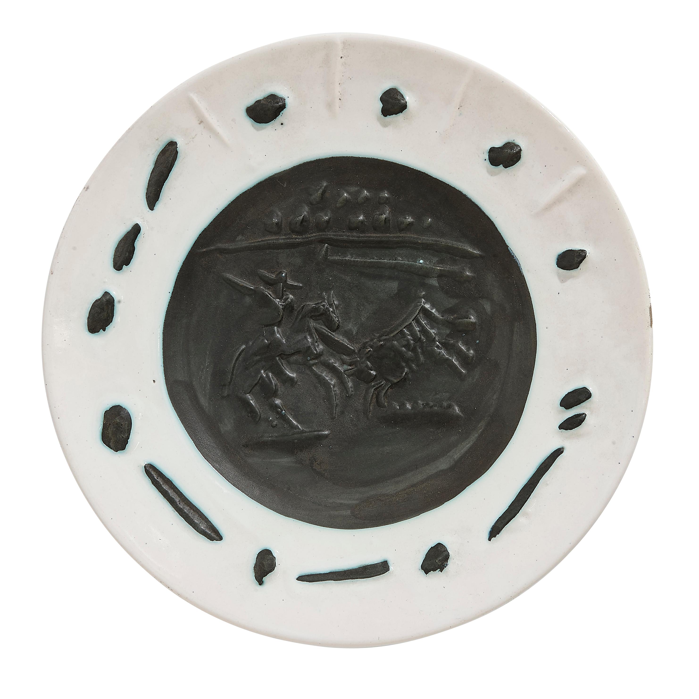 PABLO PICASSO (1881-1973) 
Picador (A. R. 201 V) 

Terre de faïence plate, 1953, from the edition of 200, inscribed 'Edition Picasso', partially glazed and painted, with the Edition Picasso and Madoura stamps.