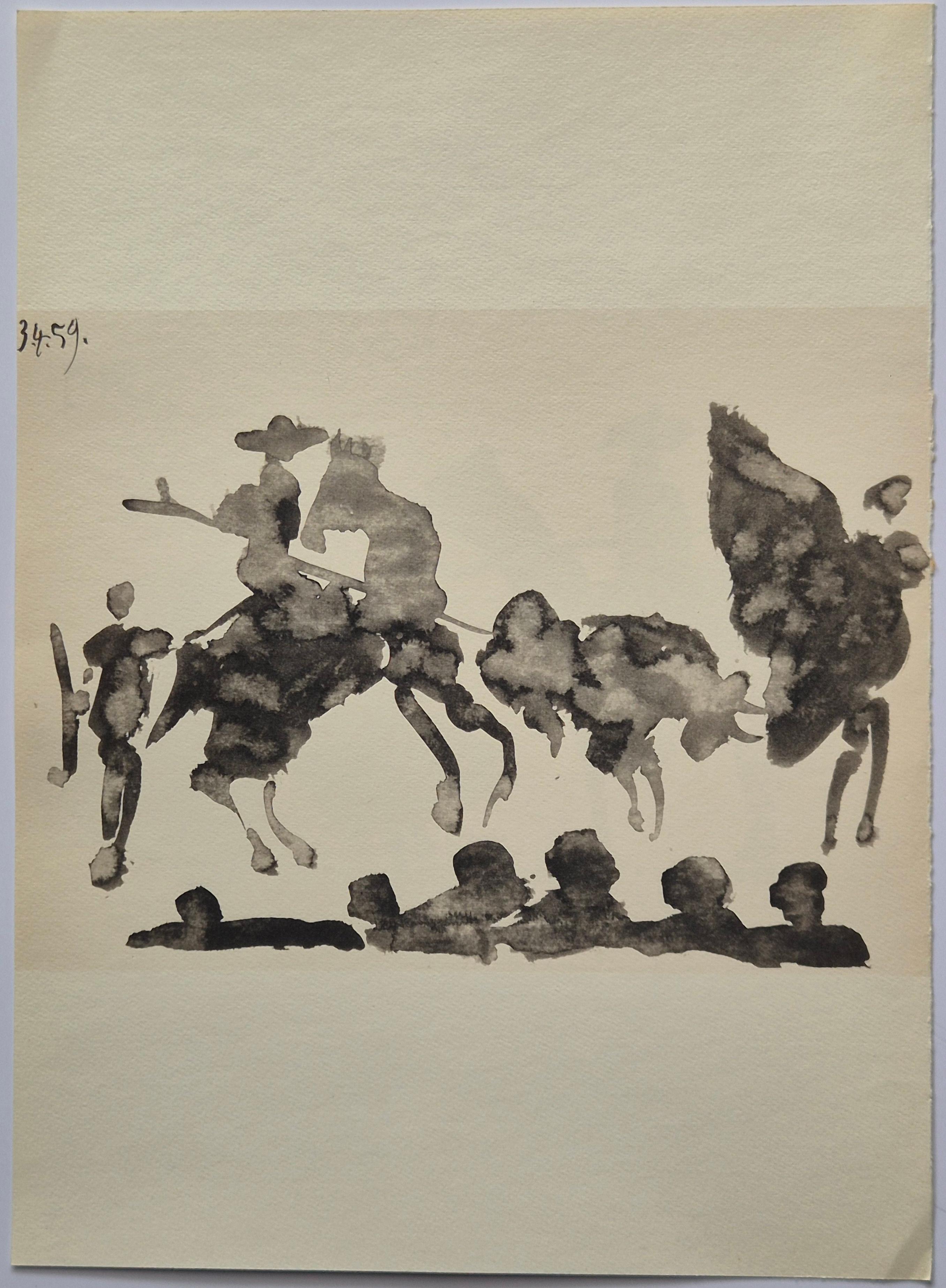 Pablo Picasso
Picador and Bull from Toros y Toreros, 1961
Lithograph 
Sheet size: 26.7 x 37 cm
Publisher: Éditions Cercle d'Art, Paris.

This Lithograph by Pablo Picasso, dated 3 April 1959, depicts a mounted picador facing off against a charging