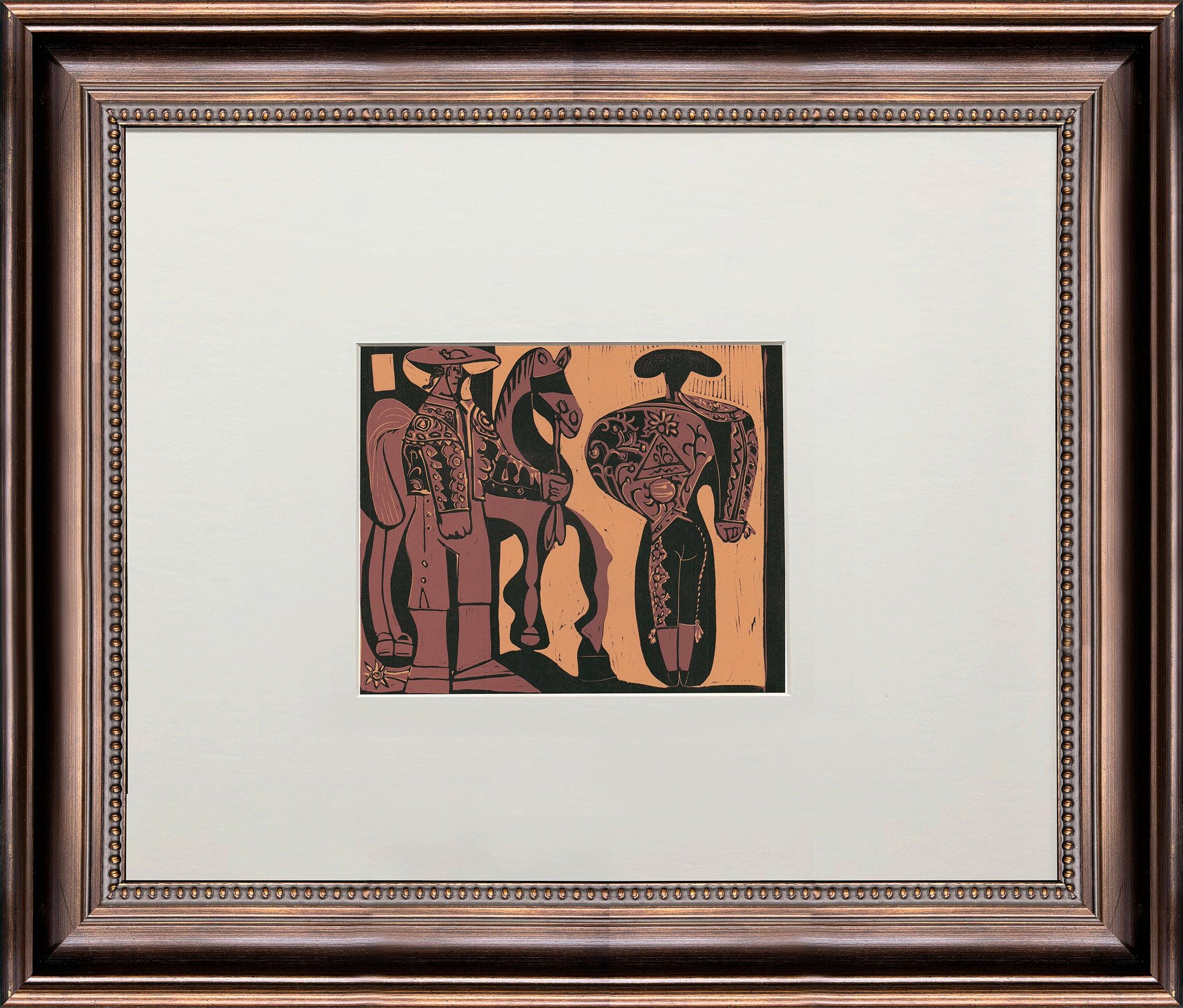 Dieser Linolschnitt, Picador et Torero (1971), wurde von Pablo Picasso für die Hommage à Picasso geschaffen, die von XXe Siècle Éditions in Paris veröffentlicht wurde. Bei diesem Exemplar handelt es sich um eine seltene Druckfahne, die oberhalb der