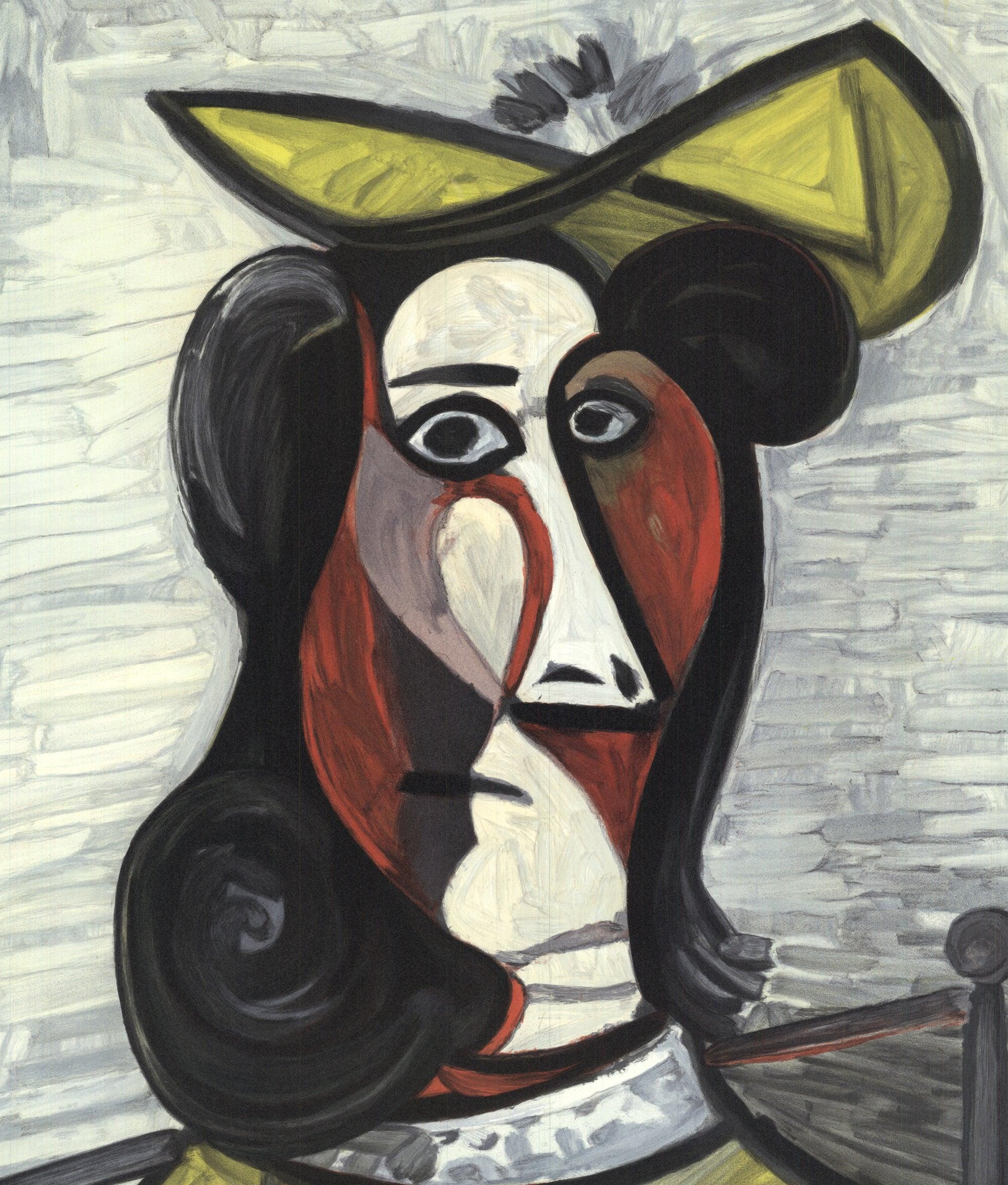 Portrait de Femme au Chapeau et à la Robe Vert Jaune is a lithograph by Pablo Picasso, created in 1982. This limited edition reproduction, sourced from the collection of Picasso’s daughter, Marina Picasso, measures 30 x 21 inches and reflects the