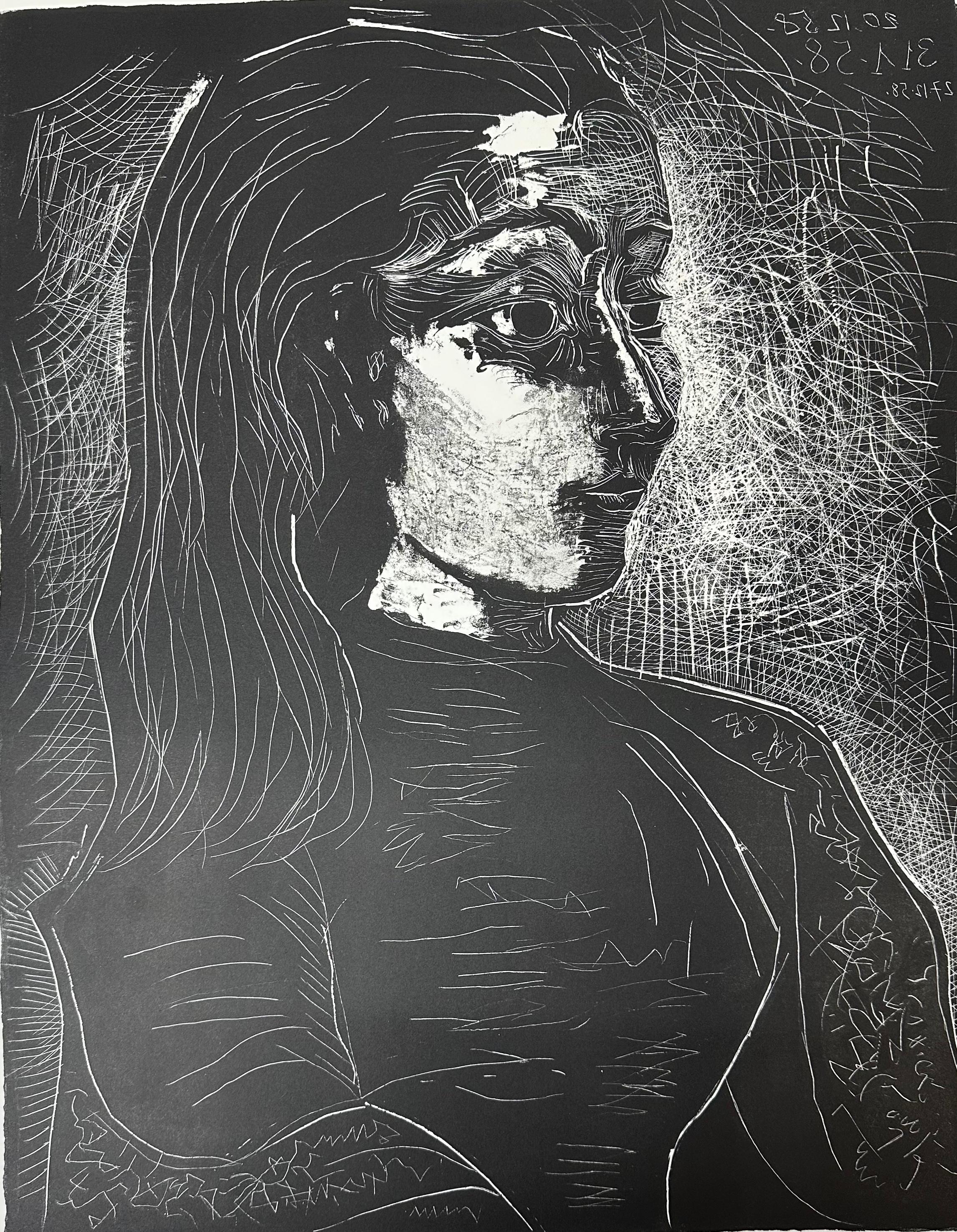 Pablo Picasso
"Porträt von Jacqueline, rechtes Profil"
Original-Lithographie
Der 3. und letzte Zustand, ausgeführt auf Zink
Handsigniert mit Bleistift, nummeriert 21/50 aus der Auflage von 50 Stück
Papierformat: 28 x 19,75 Zoll
Bildgröße: 22 x 17,25
