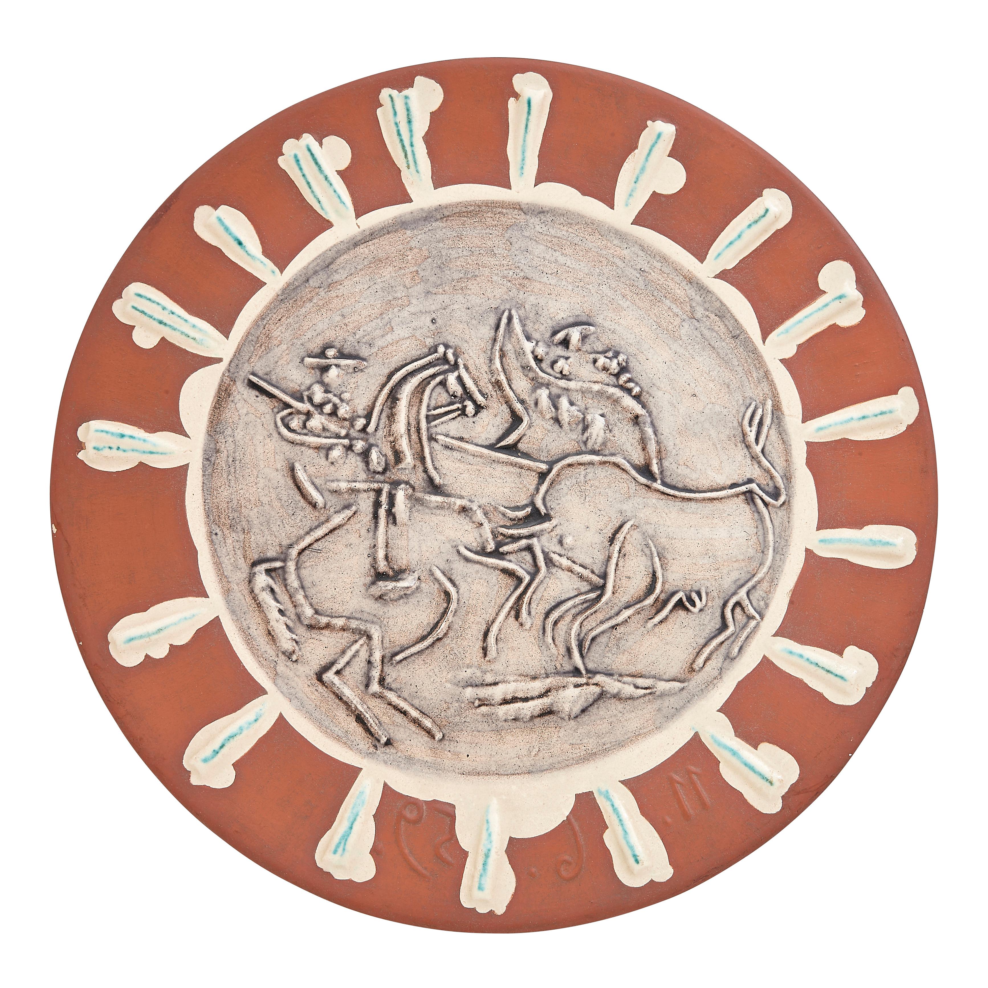 PABLO PICASSO (1881-1973) 
Scène de tauromachie (A. R. 410)

Terre de faïence dish, 1959, Inscribed Exemplaire Editeur, partially glazed and painted, with the Empreinte Originale de Picasso and Madoura stamps.