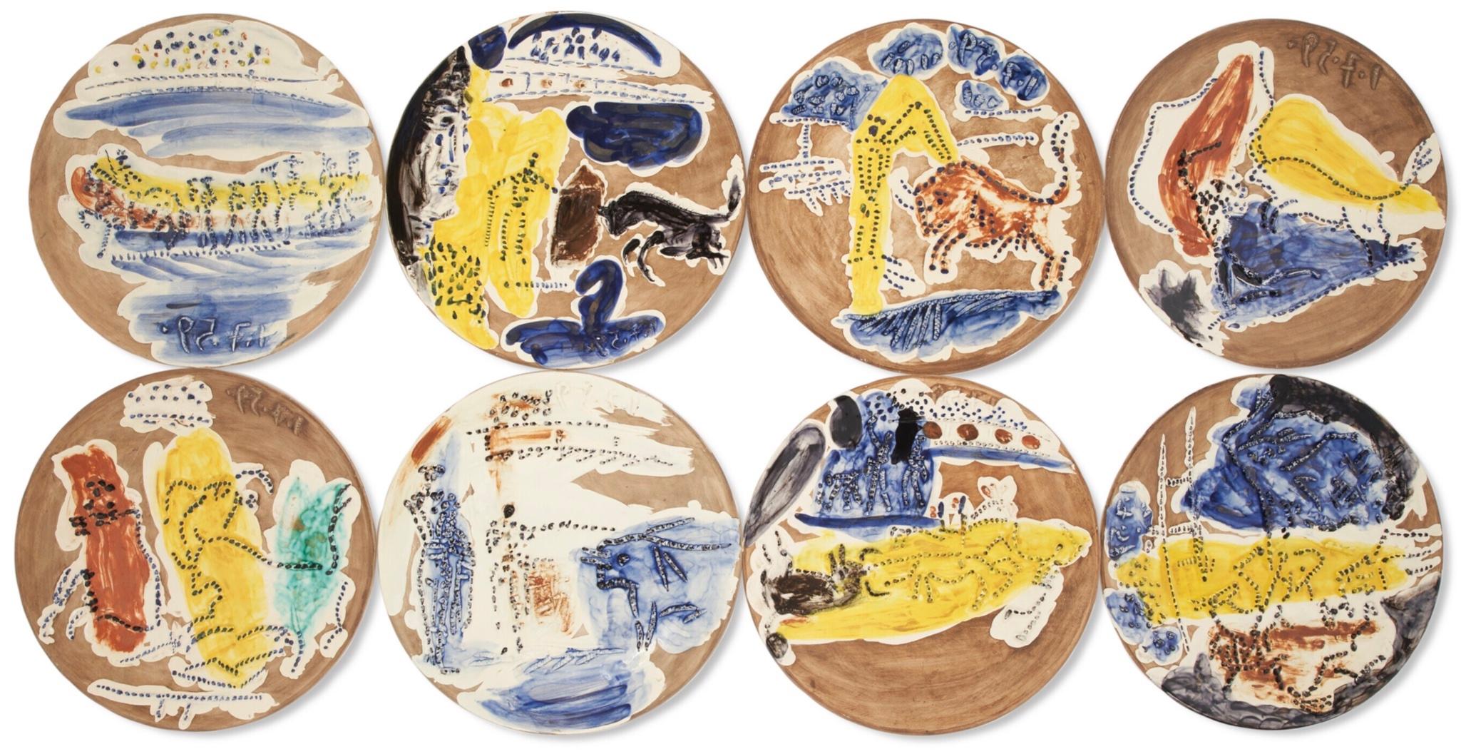PABLO PICASSO (1881-1973) 
Service scènes de corrida (A. R. 416 - 423) 

The complete set, comprising eight terre de faïence plates, painted in colors and partially glazed, 1959, each numbered 1/50, with the Empreinte Originale de Picasso and