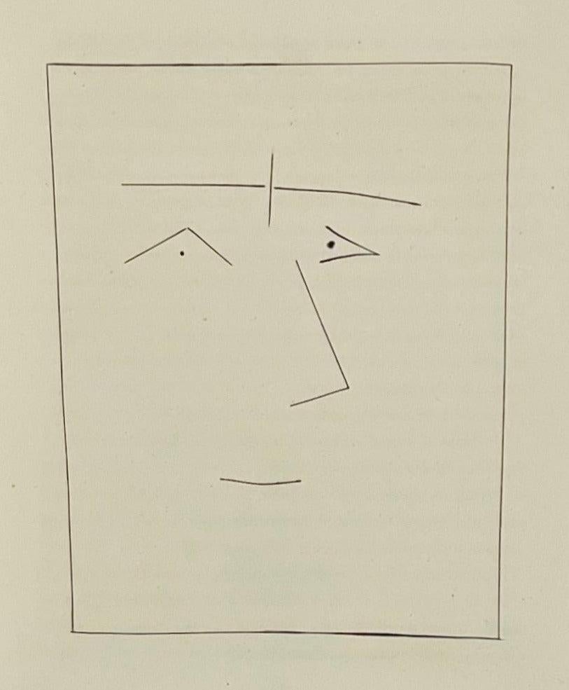 Pablo Picasso Portrait Print – Quadratischer Kopf eines Mannes mit verbundenen Augenbrauen (Teller V), von Carmen