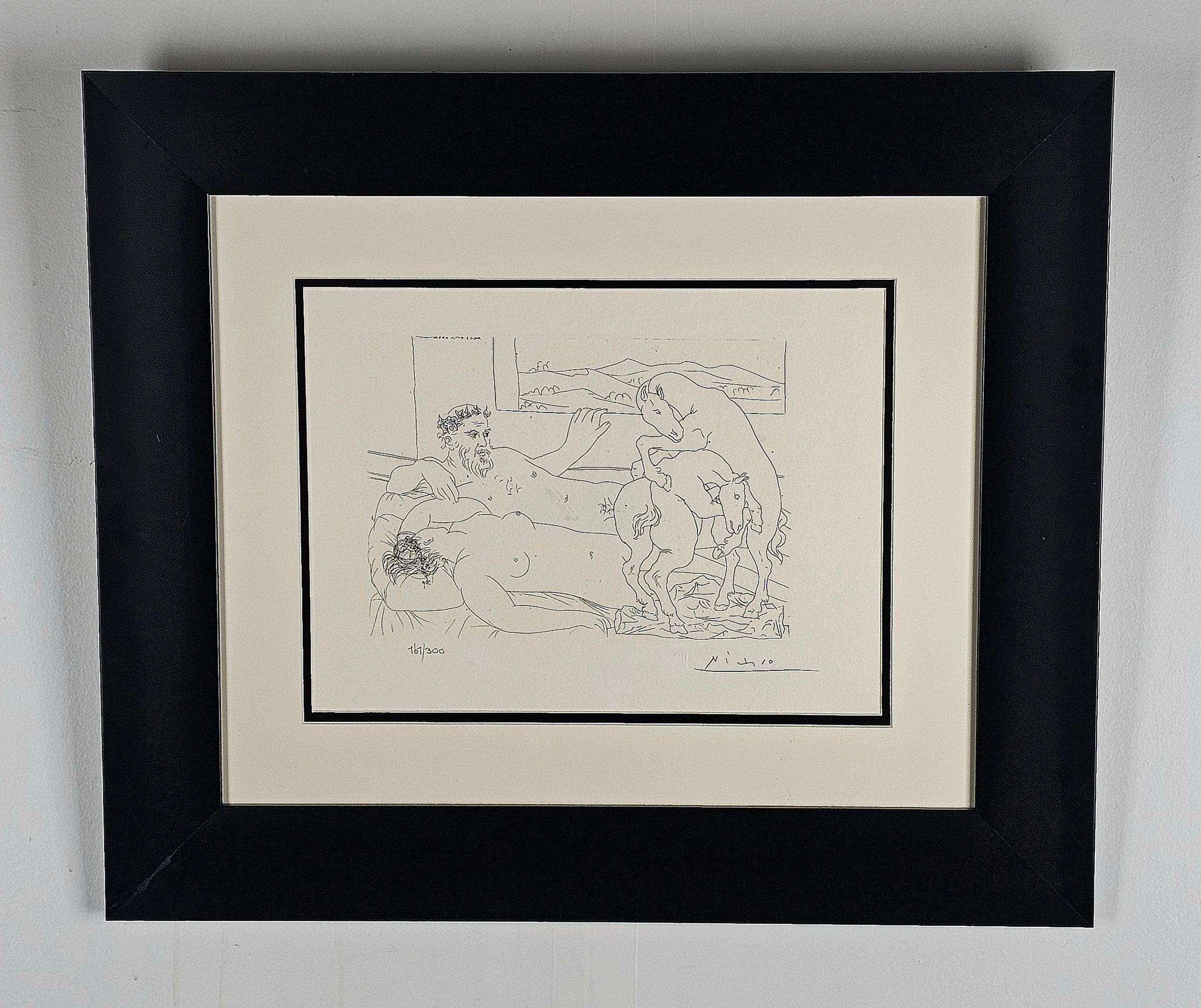 Cette lithographie est tirée de la célèbre "Suite Vollard" de Pablo Picasso, une série réalisée entre 1930 et 1937. Cette édition particulière, réalisée entre 1990 et 1992, a été autorisée par la famille Picasso, ce qui garantit sa fidélité aux