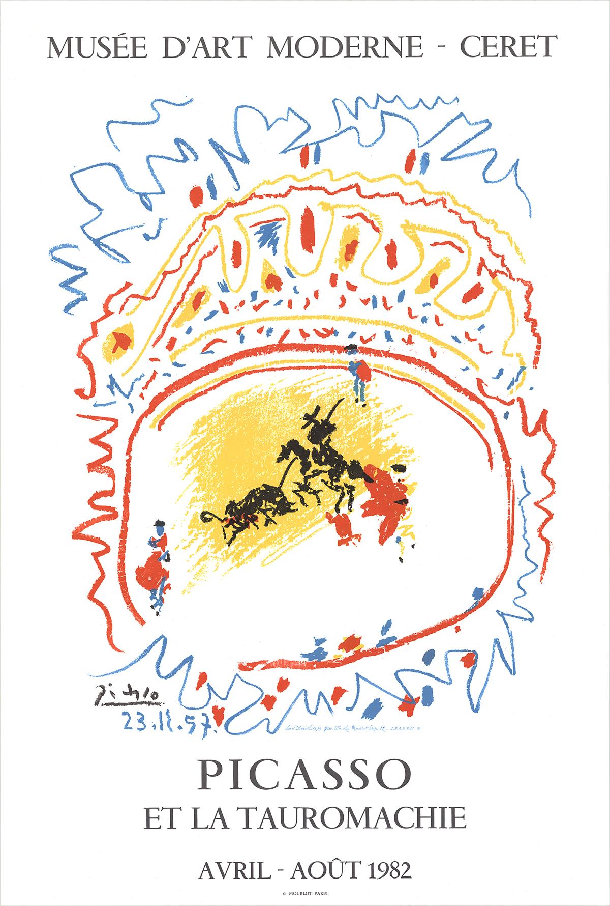 Color lithograph after (d'apres) Picasso, recreated by Henri Deschamps on the presses of Mourlot in Paris for the benefit of the Musee D'Art Moderne in Ceret France in 1982.  The title of the exhibition was Picasso et la Tauromachie.
