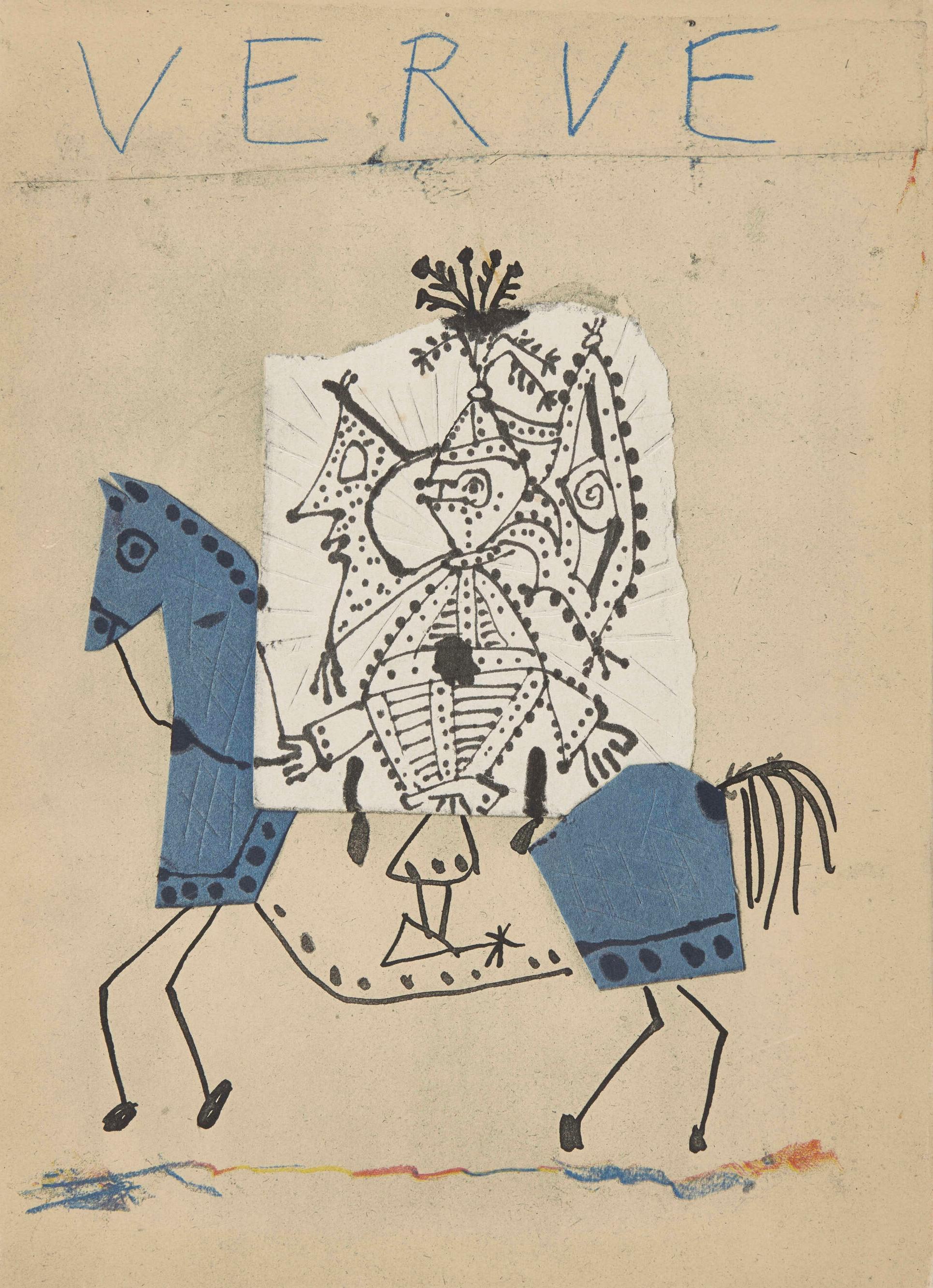 This exquisite lithograph after Pablo Picasso (1881–1973), titled Le cavalier bleu (The Blue Rider), from Verve, Revue Artistique et Litteraire, Vol. VII, No. 25–26, originates from the 1951 issue published by Editions de la revue Verve, Paris,