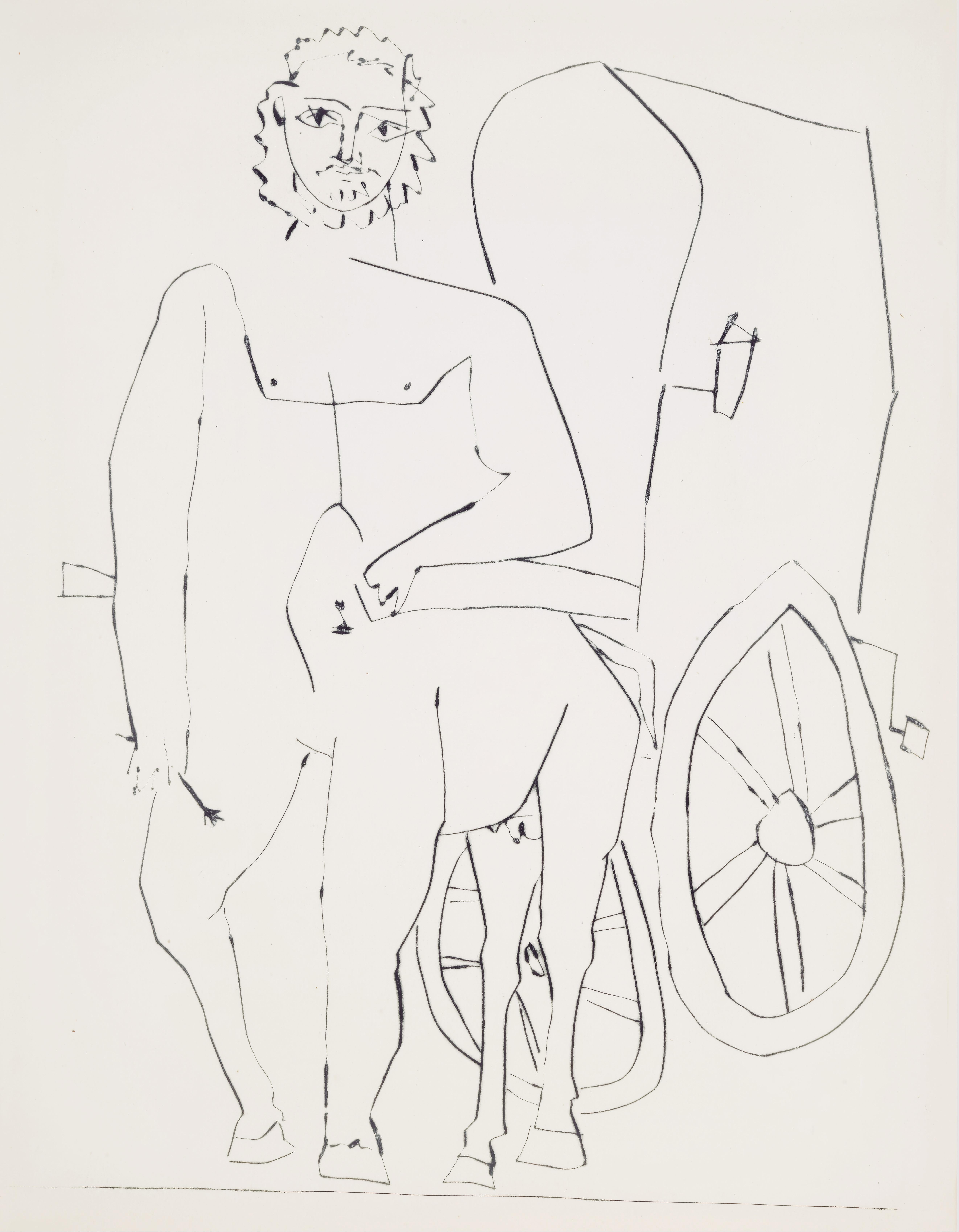 This exquisite engraving by Pablo Picasso (1881–1973), titled Le centaure et son chariot (The Centaur and His Cart), from Deux Contes, Le Centaure picador, Le Crepuscule d'un faune (Two Tales, The Centaur Picador, The Twilight of a Faun), from Dos