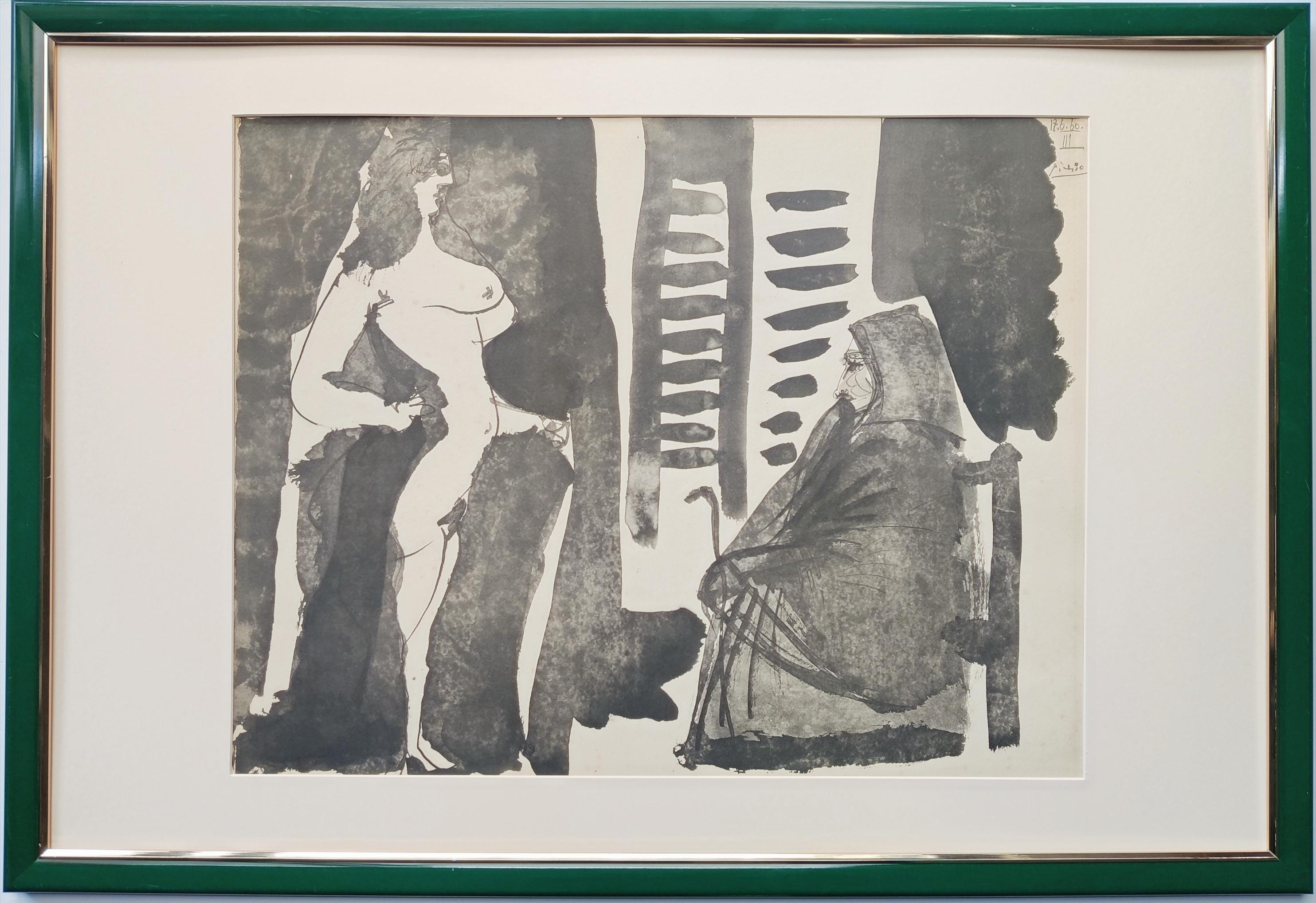 Pablo Picasso
The lover of the toreador (Fille nu et Vieille Femme), 1960
Lithograph
One of Edition 500
Image size:  41 x 51.5 cm
Frame size: 54.5 x 79.5 x 2.5 cm
Dated '6.6.60 VIII' and signed 'Picasso' in the plate top left
published by Au Vent