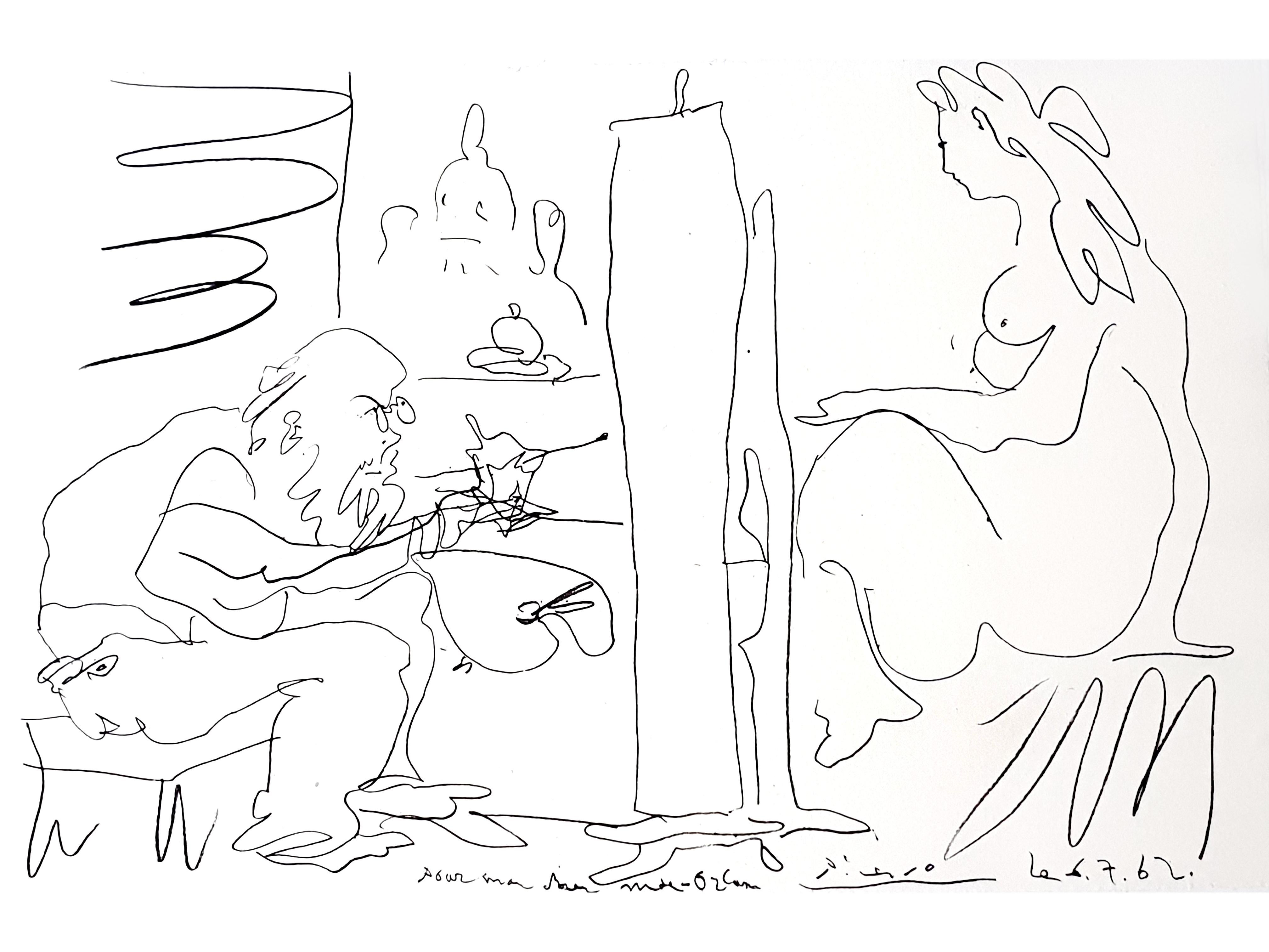 Original-Lithographie - Pablo Picasso
Titel: Der Maler und sein Modell
Dieses Dokument ist unsigniert und nicht nummeriert, wie ausgestellt
Aus dem Buch/Portfolio "Regards sur Paris" 
Veröffentlicht von André Sauret, Paris, 1963.
Das Buch, aus dem