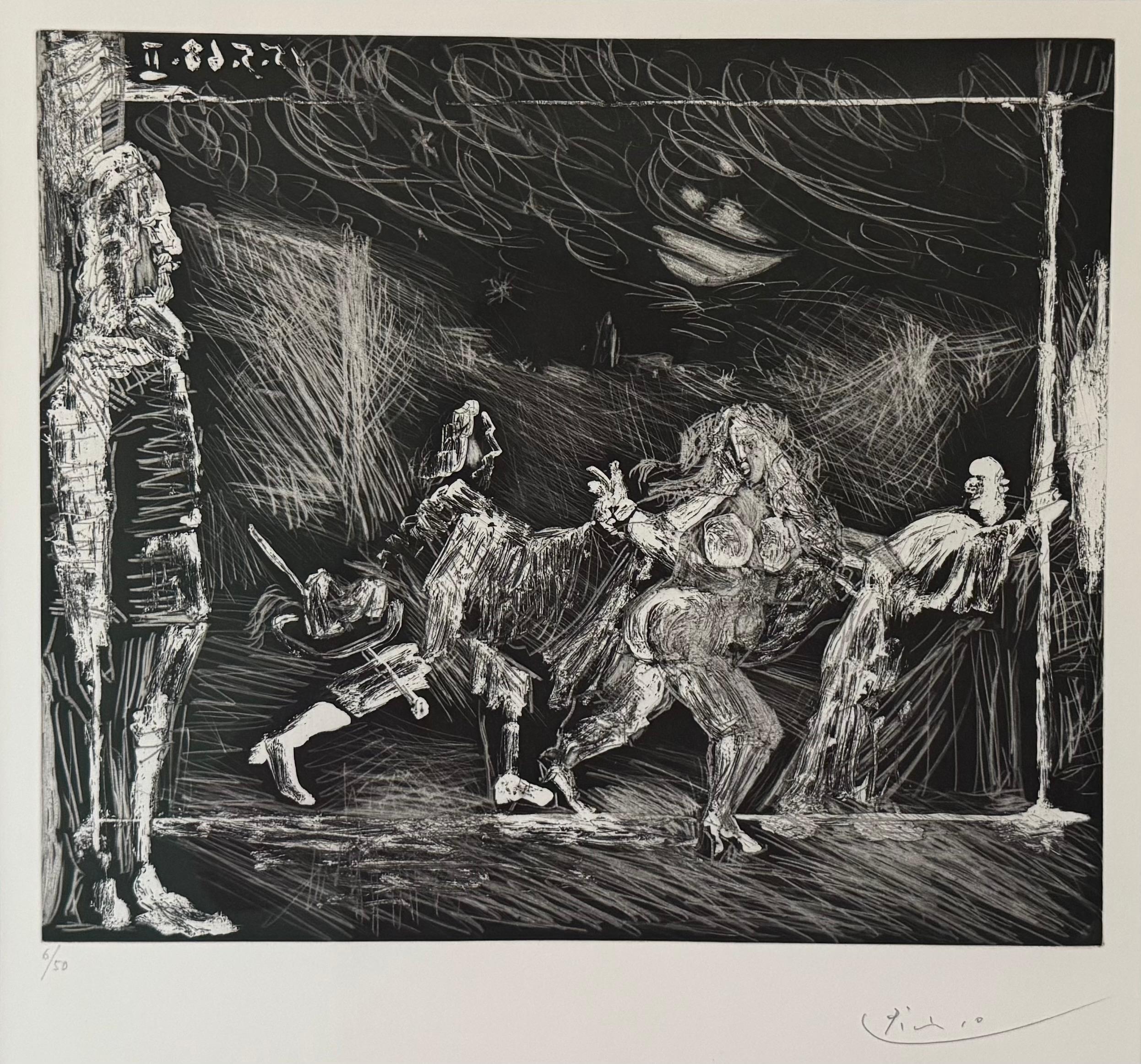 L'acquaforte e acquatinta Théâtre ou télévision: cape et épée di Pablo Picasso del 1968 appartiene all'ultimo periodo dell'artista, un periodo in cui rifletteva intensamente sui temi della performance, della spettatorialità e della condizione umana.