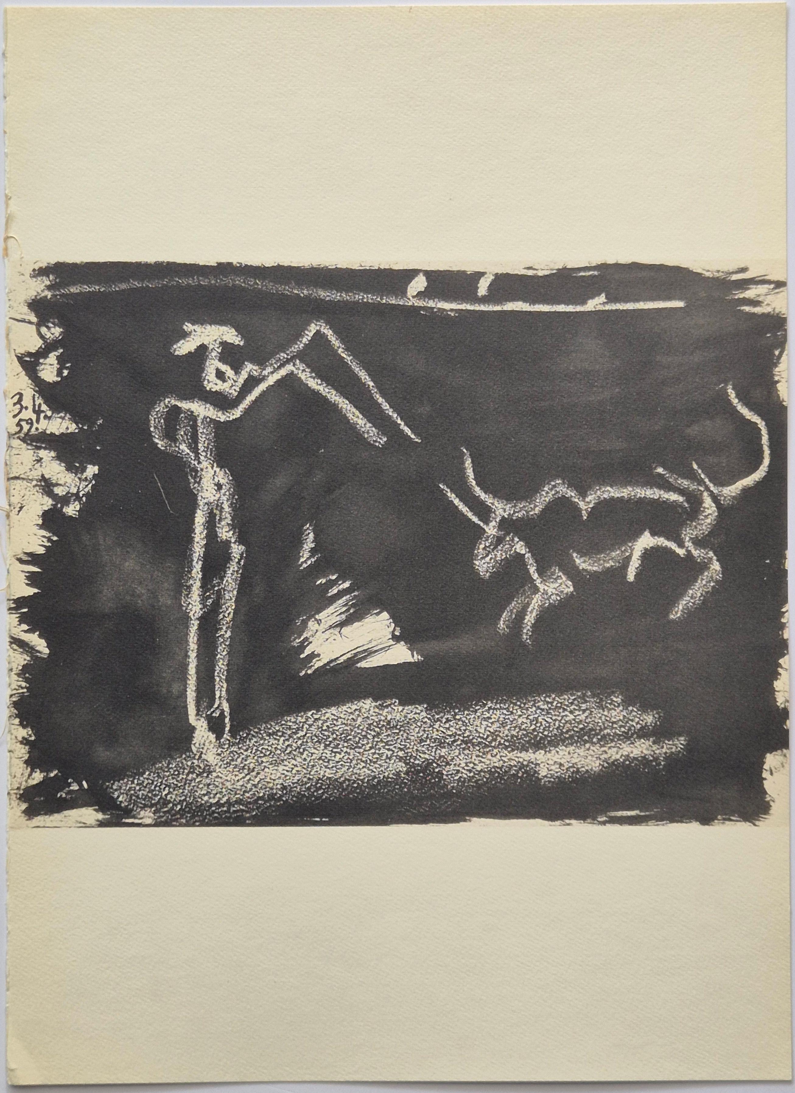 Pablo Picasso
Torero and Bull from Toros y Toreros, 1961
Lithograph 
Sheet size: 26.7 x 37 cm
Publisher: Éditions Cercle d'Art, Paris.

This lithograph by Pablo Picasso, dated January 3, 1959, is part of his celebrated Toros y Toreros series. The