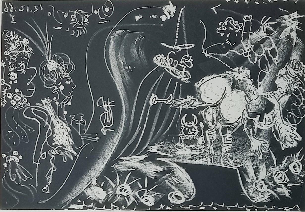 Pablo Picasso
Untitled from Le Cocu Magnifique, 1966
Etching with aquatint
Hand signed lower right
Numbered 12 / 30
mage size: 22.5 × 32.5 cm
Frame size:  50.5 x 58 x 2 cm
Published by Crommelynck, Paris

Reference Bloch 1249,  Baer 1437
