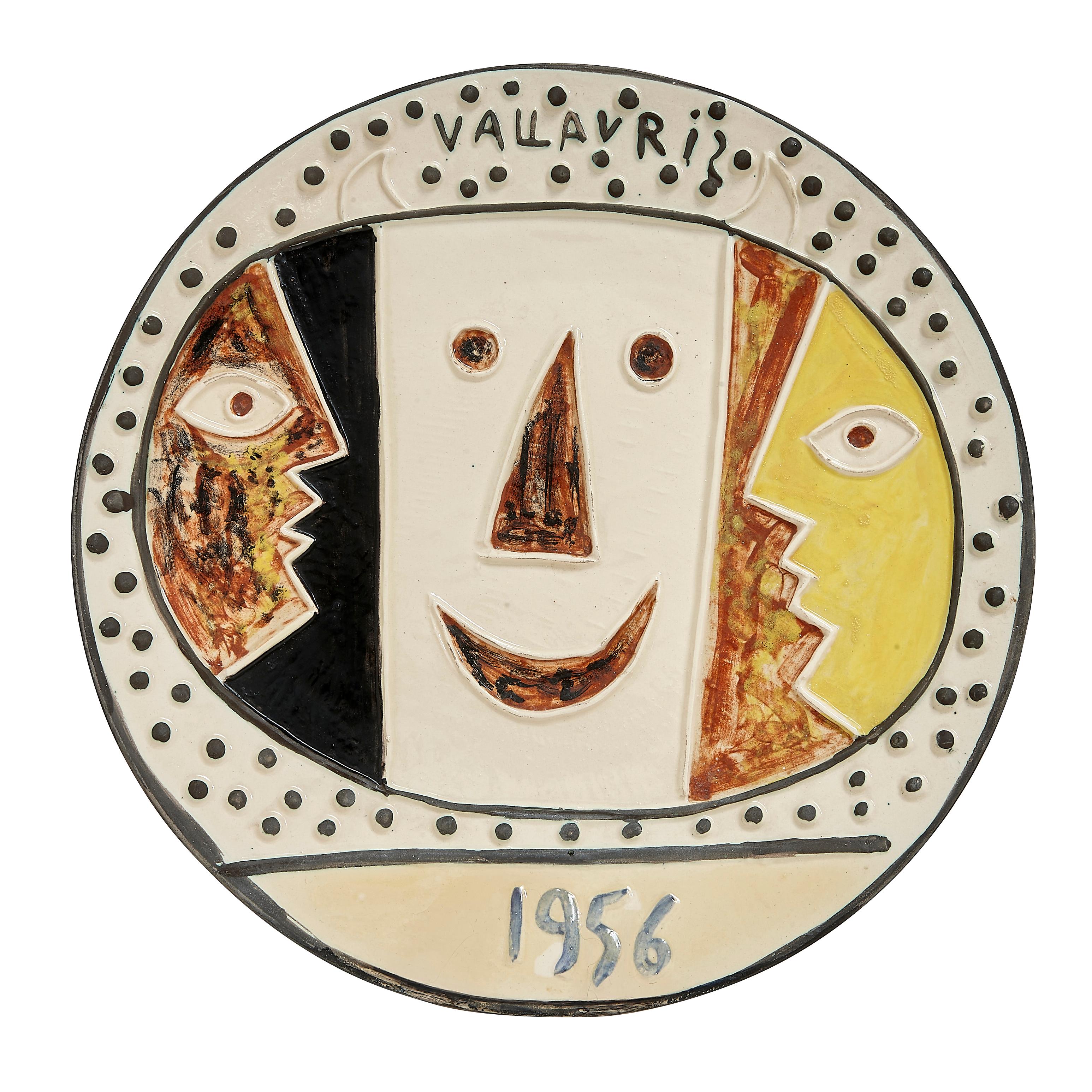 PABLO PICASSO (1881-1973) 
Vallauris (A. R. 331)

Terre de faïence plate, painted in colors and glazed, 1956, from the edition of 100. Numbered 50/100 and incised C 103, with the Empreinte Originale de Picasso and Madoura stamps (on the reverse).