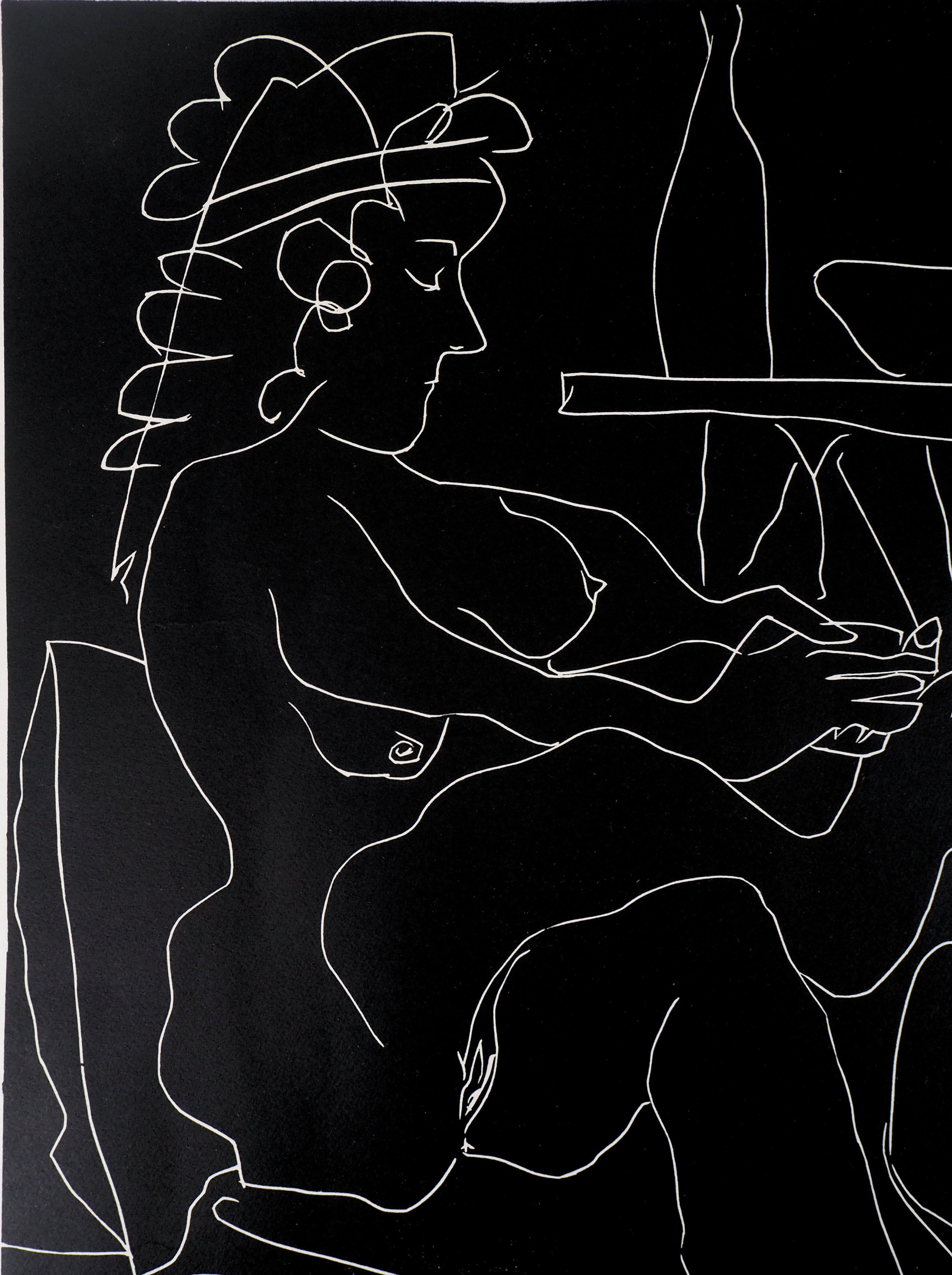 Painter and Model with Hat - Original linocut, Handsigned (ref. Bloch #1194) - Black Figurative Print by Pablo Picasso