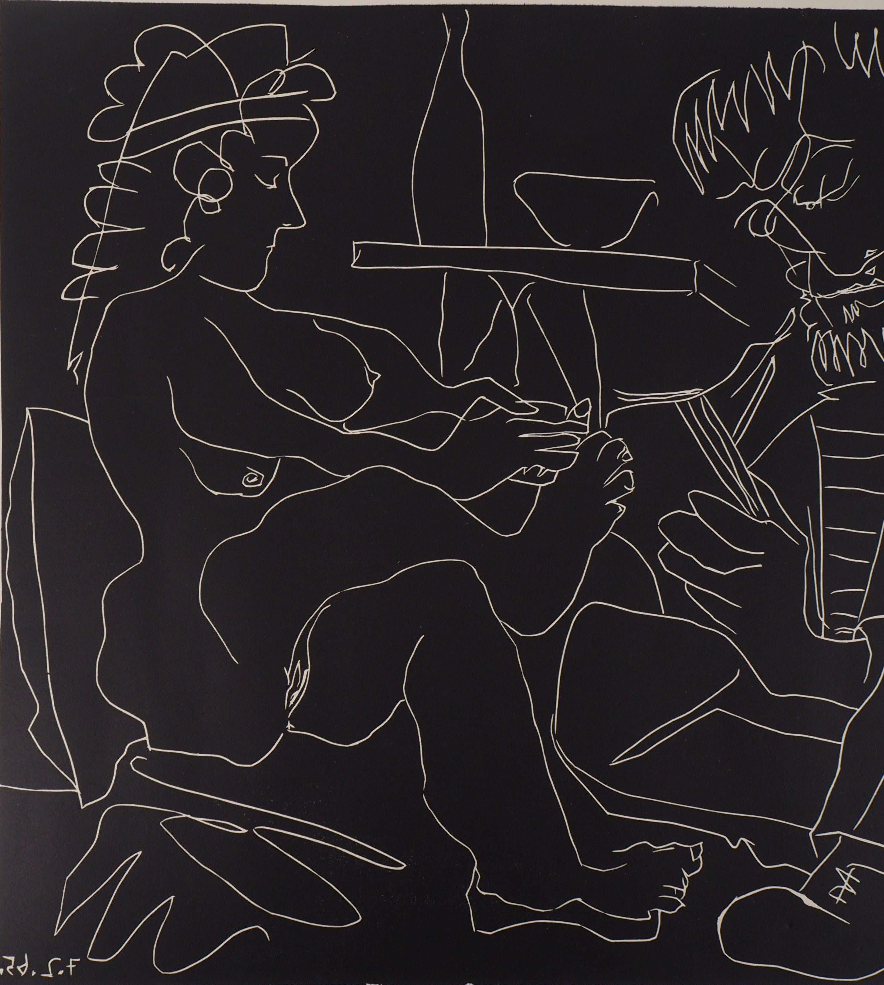 Painter and Model with Hat - Original linocut, Handsigned (ref. Bloch #1194) 1