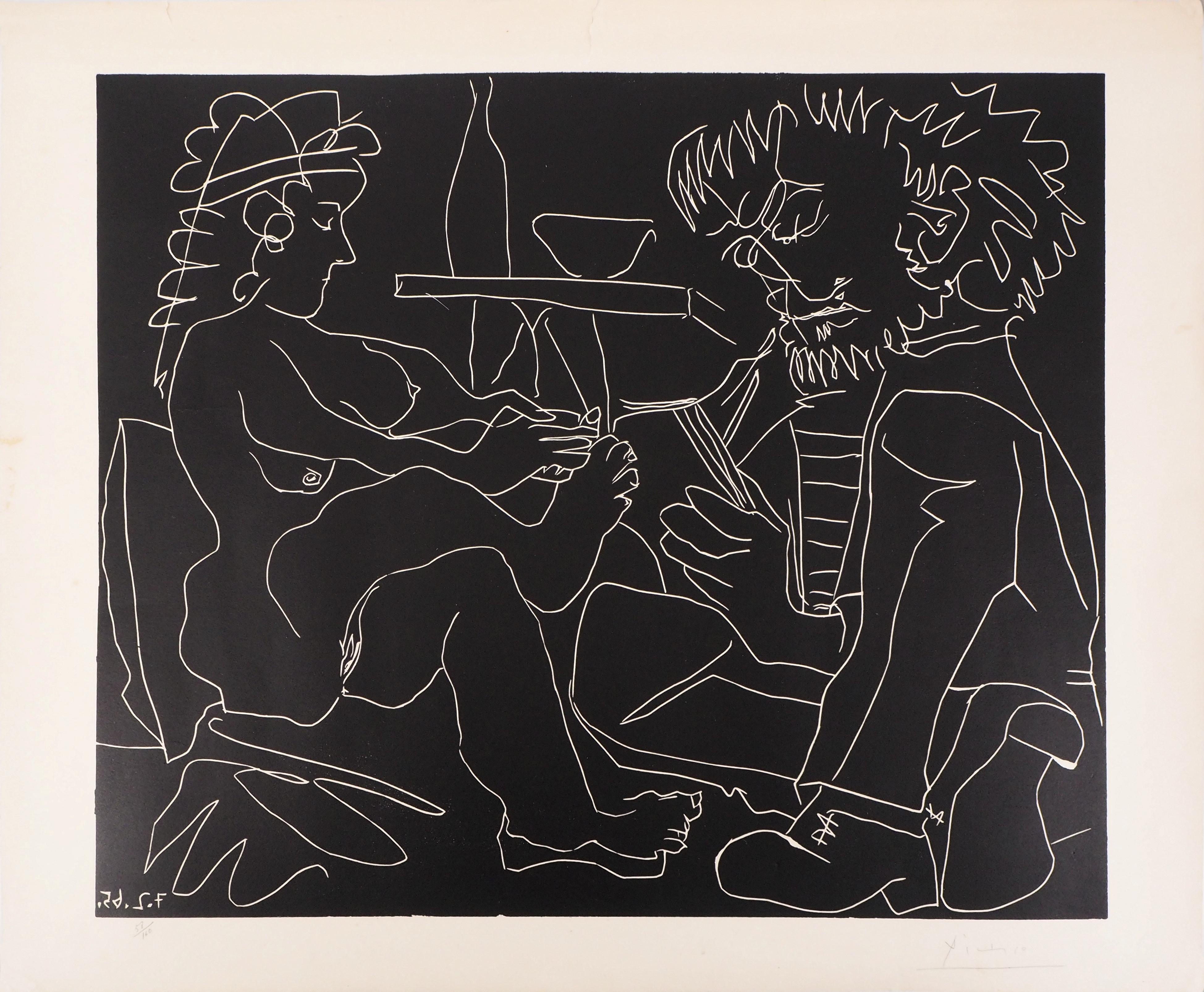 Pablo Picasso Figurative Print - Painter and Model with Hat - Original linocut, Handsigned (ref. Bloch #1194)