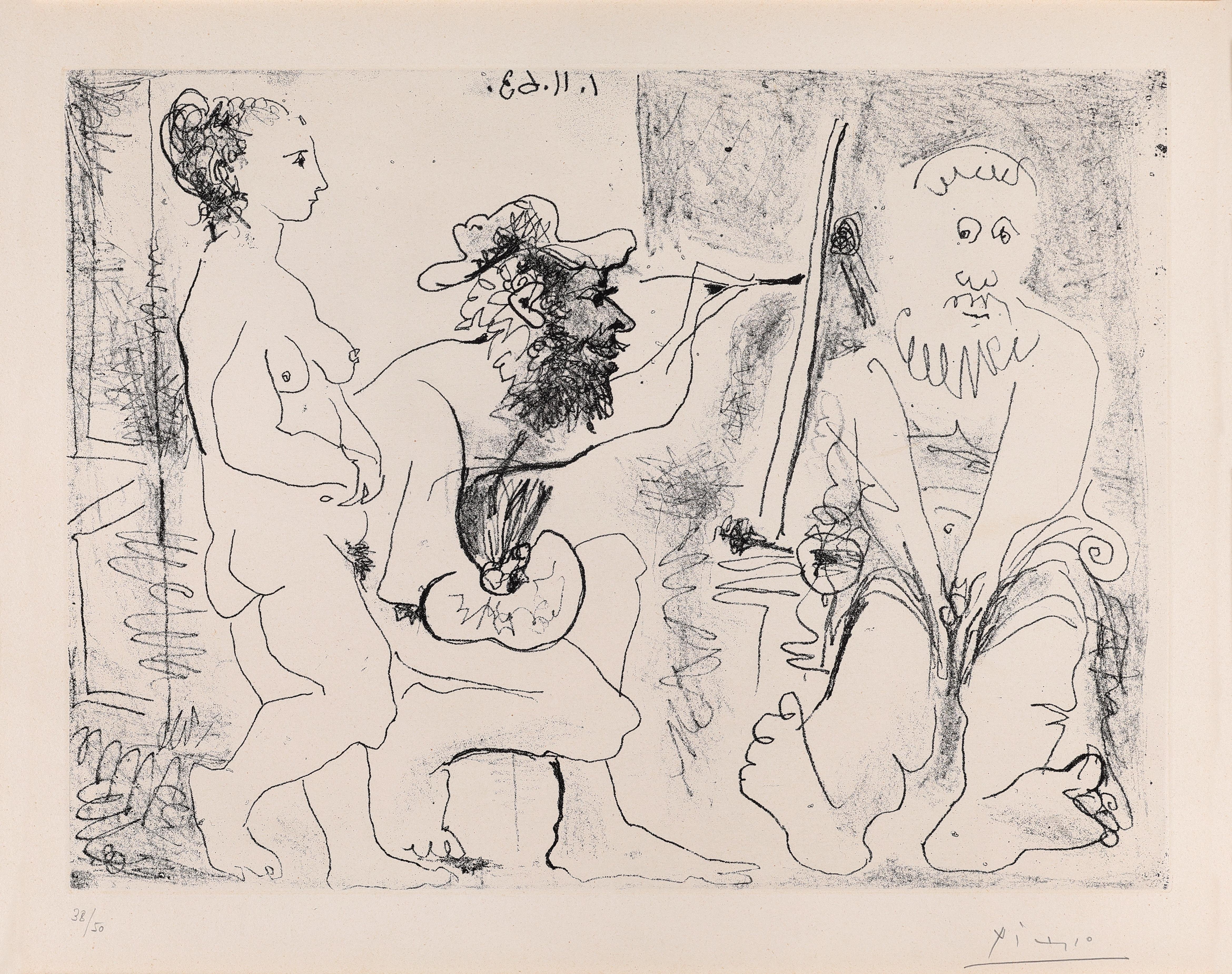 Pablo Picasso Figurative Print - Painter in a hat, bearded model and nake woma spectator