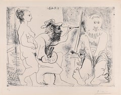 Painter in a hat, bearded model and nake woma spectator