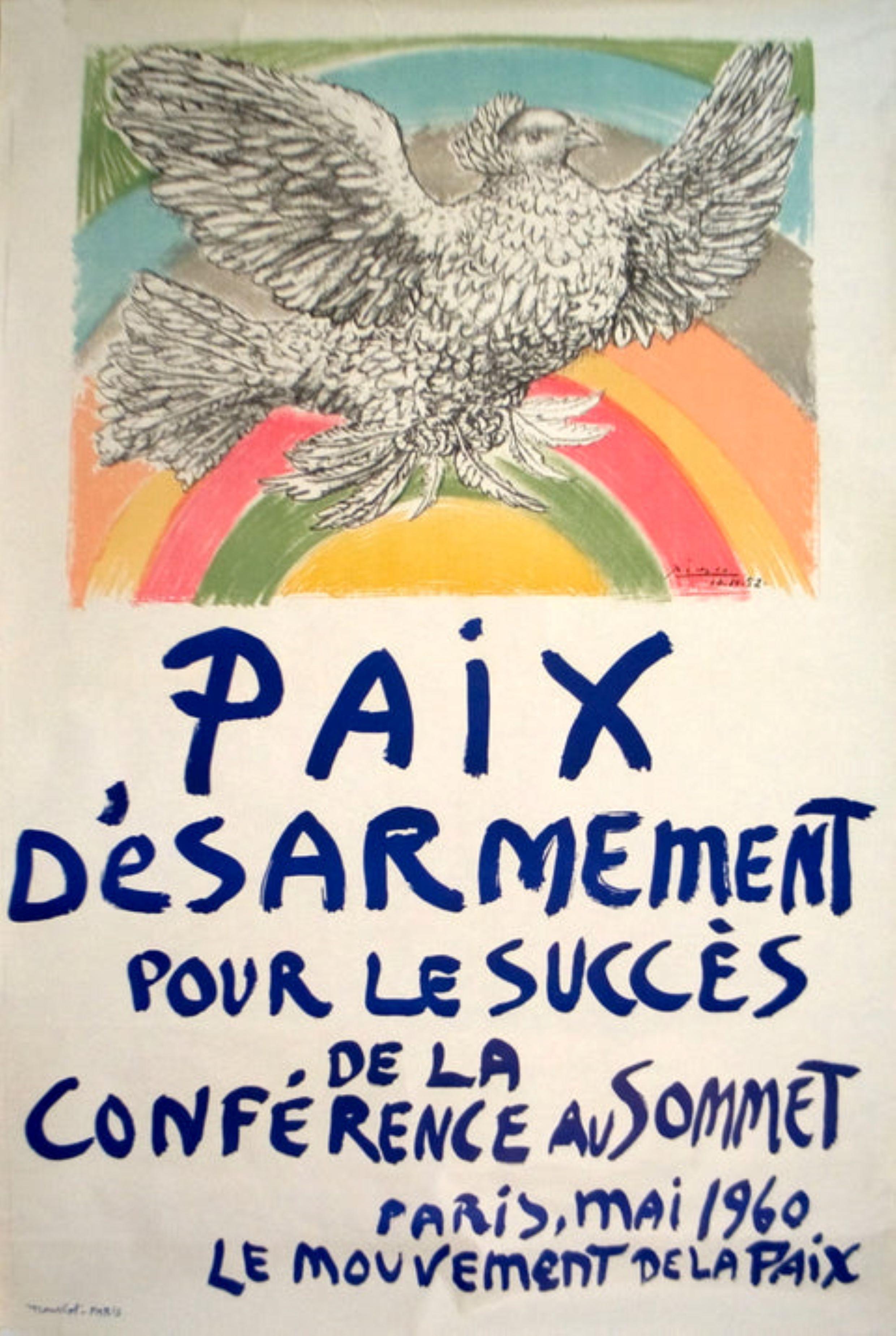 Paix Disarmement-Peace

By Pablo Picasso

1960

Medium: Lithograph

Paper Size: 47 x 31.5 inches ( 119 x 80 cm )

Image Size: 19 x 25.5 inches ( 48 x 65 cm )

Edition Size: 2500