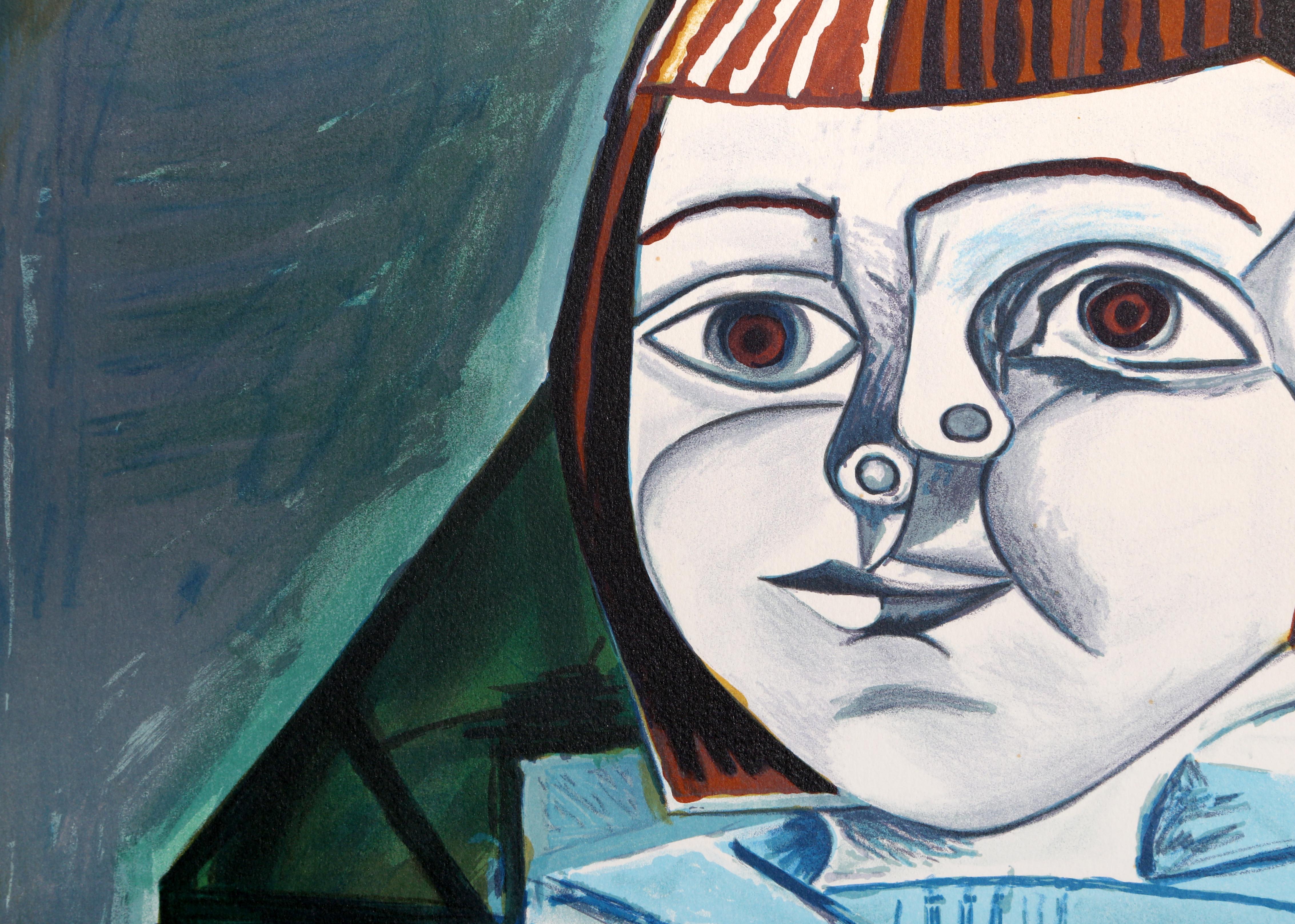 In this vibrant print, Pablo Picasso creates a likeness of his daughter Paloma as a young child. Fusing together, the sharp angles and varied perspectives in this piece merge with the girl's softness and innocence as she clasps a small doll in her