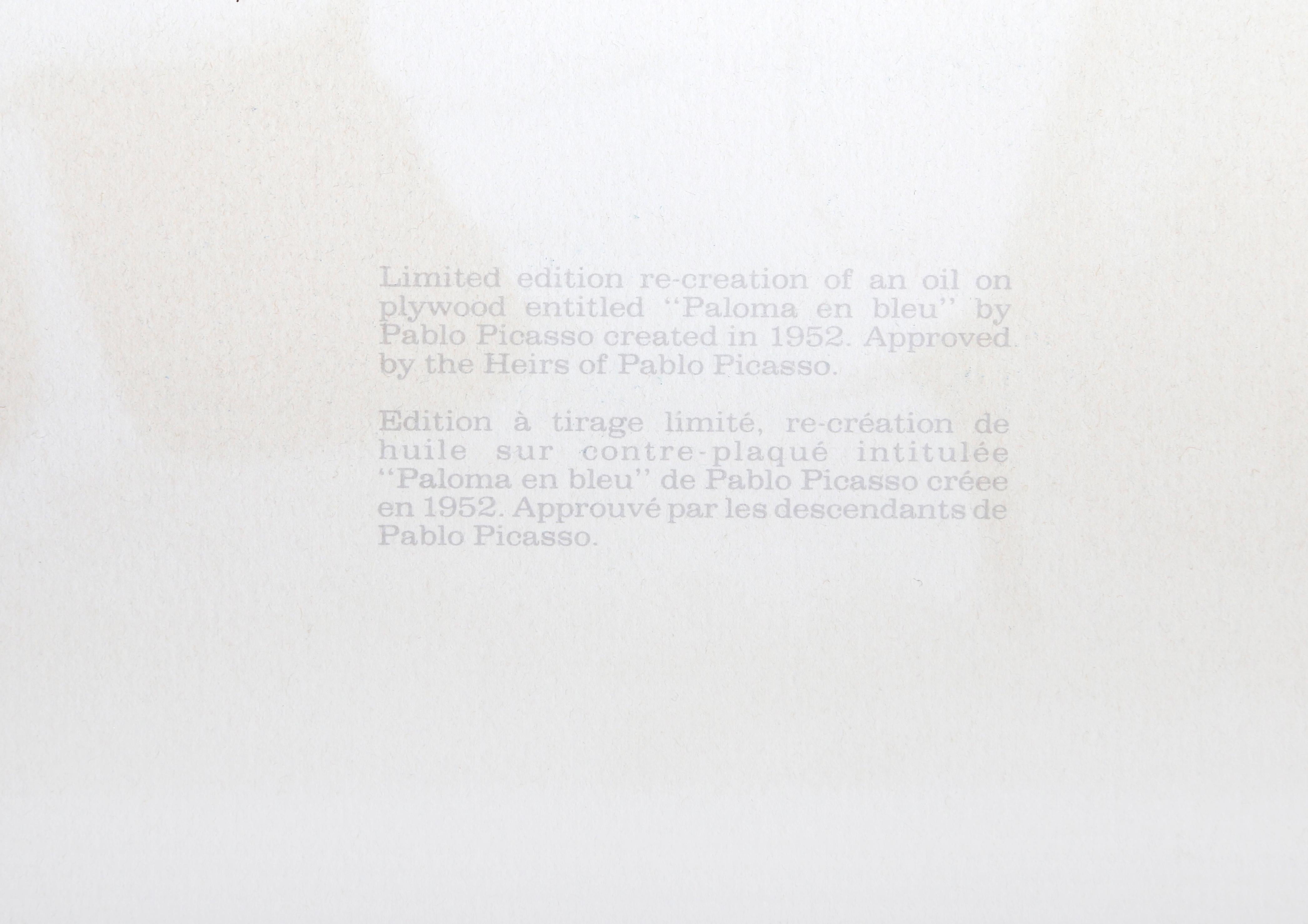Paloma en Bleu, Cubist Lithograph after Pablo Picasso For Sale 3