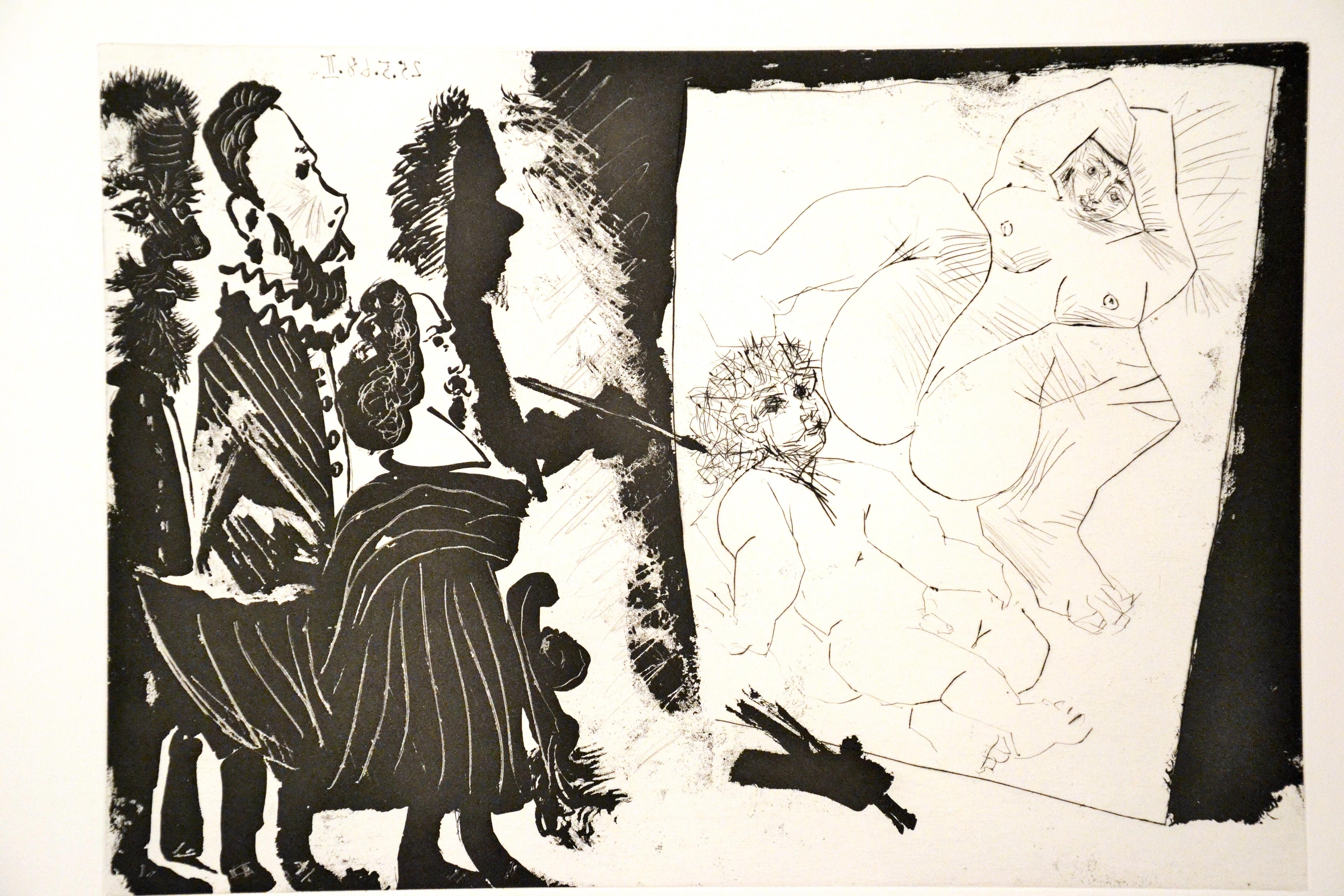 Patron et sa Suite en Visite à l’Atelier - Etching by P. Picasso - 1968 - Beige Figurative Print by Pablo Picasso