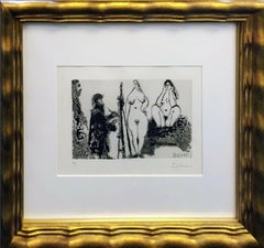 Peintre barbu en robe de chambre, avec deux femmes nues et un visiteur