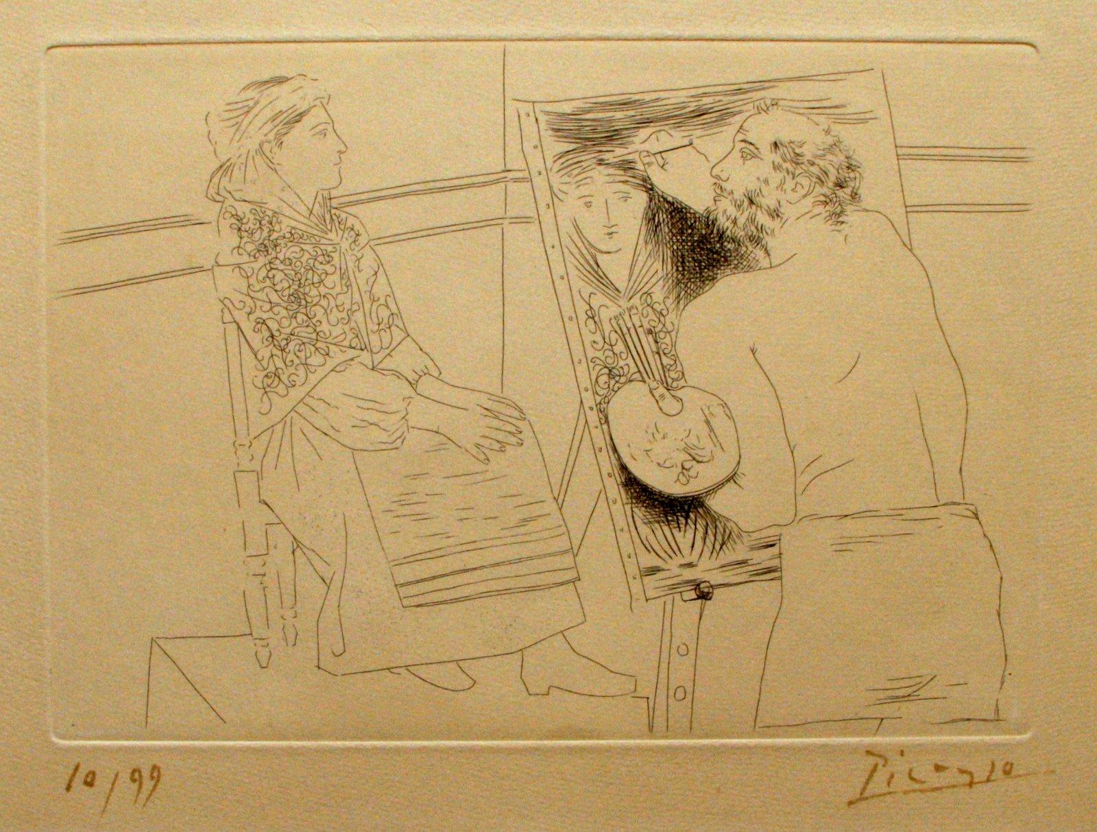 Etching from "Le Chef-d'Oeuvre Inconnu", published in 1927 in 99 pieces.
One of 99 prints, numbered and hand signed.
Rare and in very good conditions.

Bibliography:
G. Bloch, Picasso: Catalog of the Printed Graphic work 1904-1967, Kornfeld et