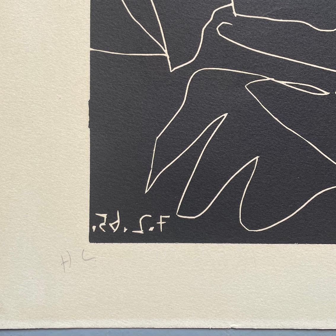 Peintre Dessinant et Modéle Nu au Chapeau. Original linocut. For Sale 2