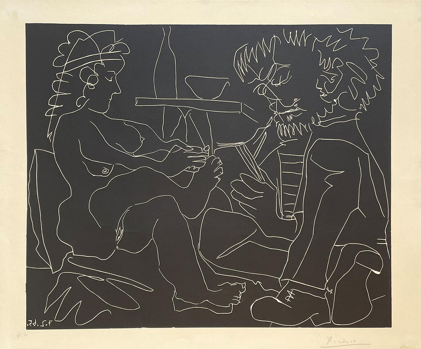 Peintre Dessinant et Modéle Nu au Chapeau. Original linocut. For Sale 3